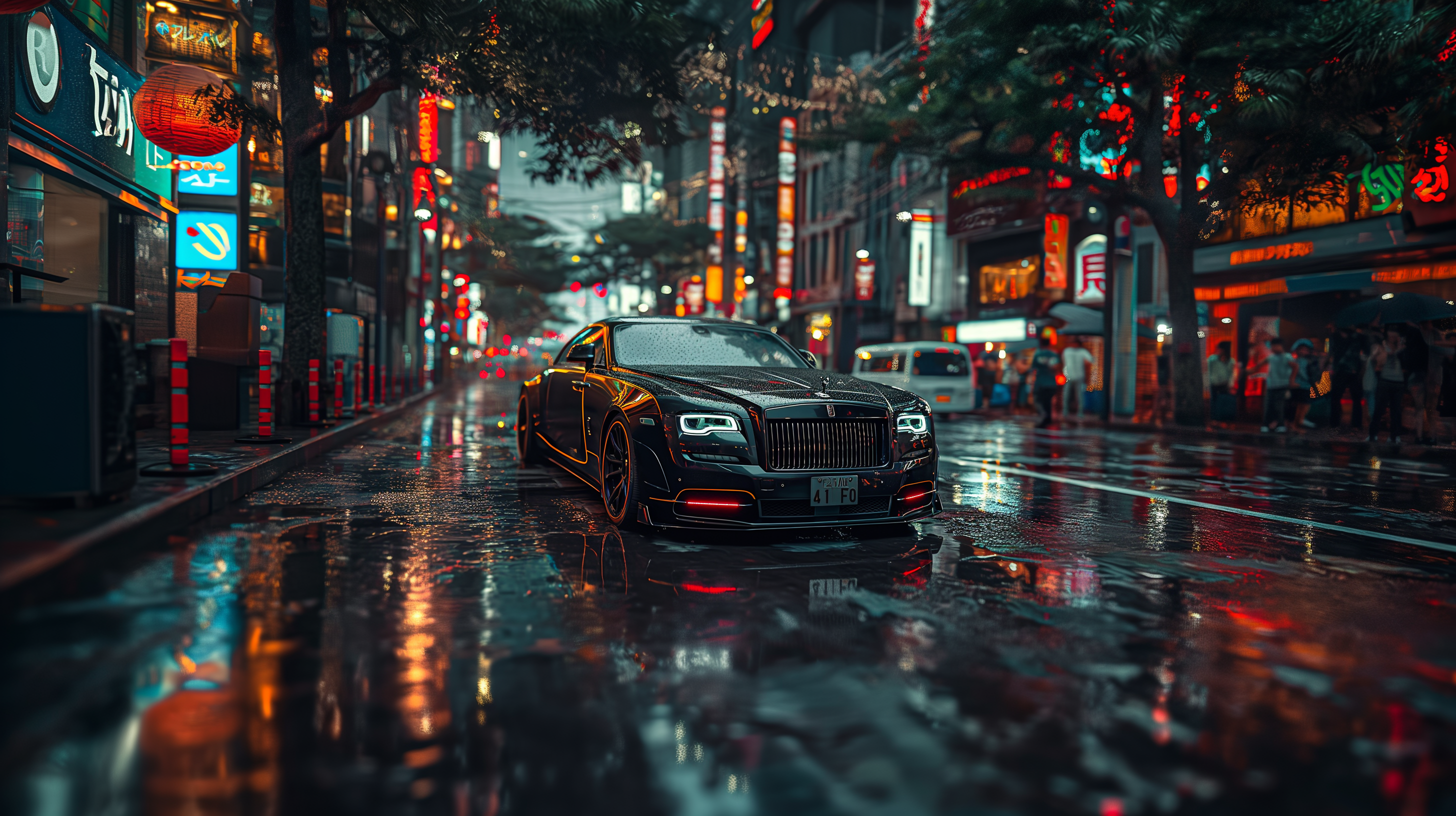General 2912x1632 car Rolls Royce Wraith AI art cyberpunk frontal view headlights vehicle depth of field trees signs building city lights reflection people road wet wet road