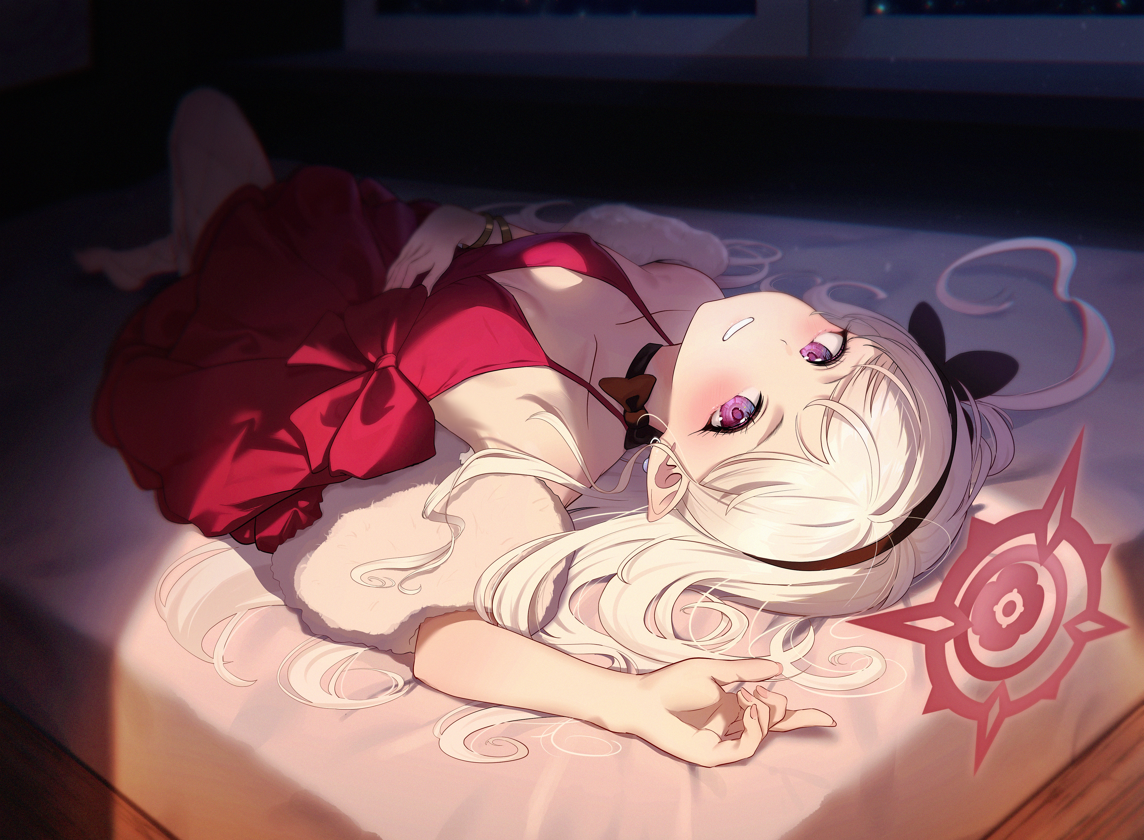 Anime 3840x2820 anime girls red dress Asagi Mutsuki (Blue Archive) Blue Archive fan art long hair white hair lying down lying on back looking at viewer blushing headband collarbone parted lips smiling upside down bracelets purple eyes choker in bed bed dress