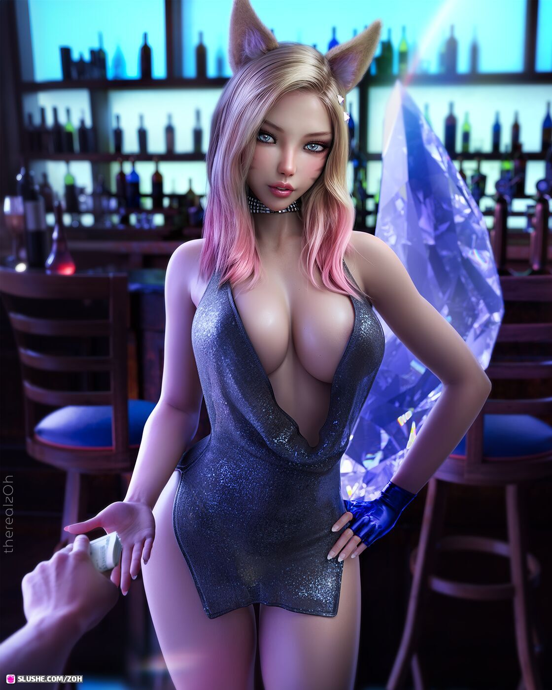 General 1120x1400 ZOh CGI women Ahri (League of Legends) animal ears dress cleavage portrait display digital art watermarked gradient hair two tone hair parted lips fox girl fox ears thighs bar looking at viewer standing gloves fingerless gloves League of Legends stools