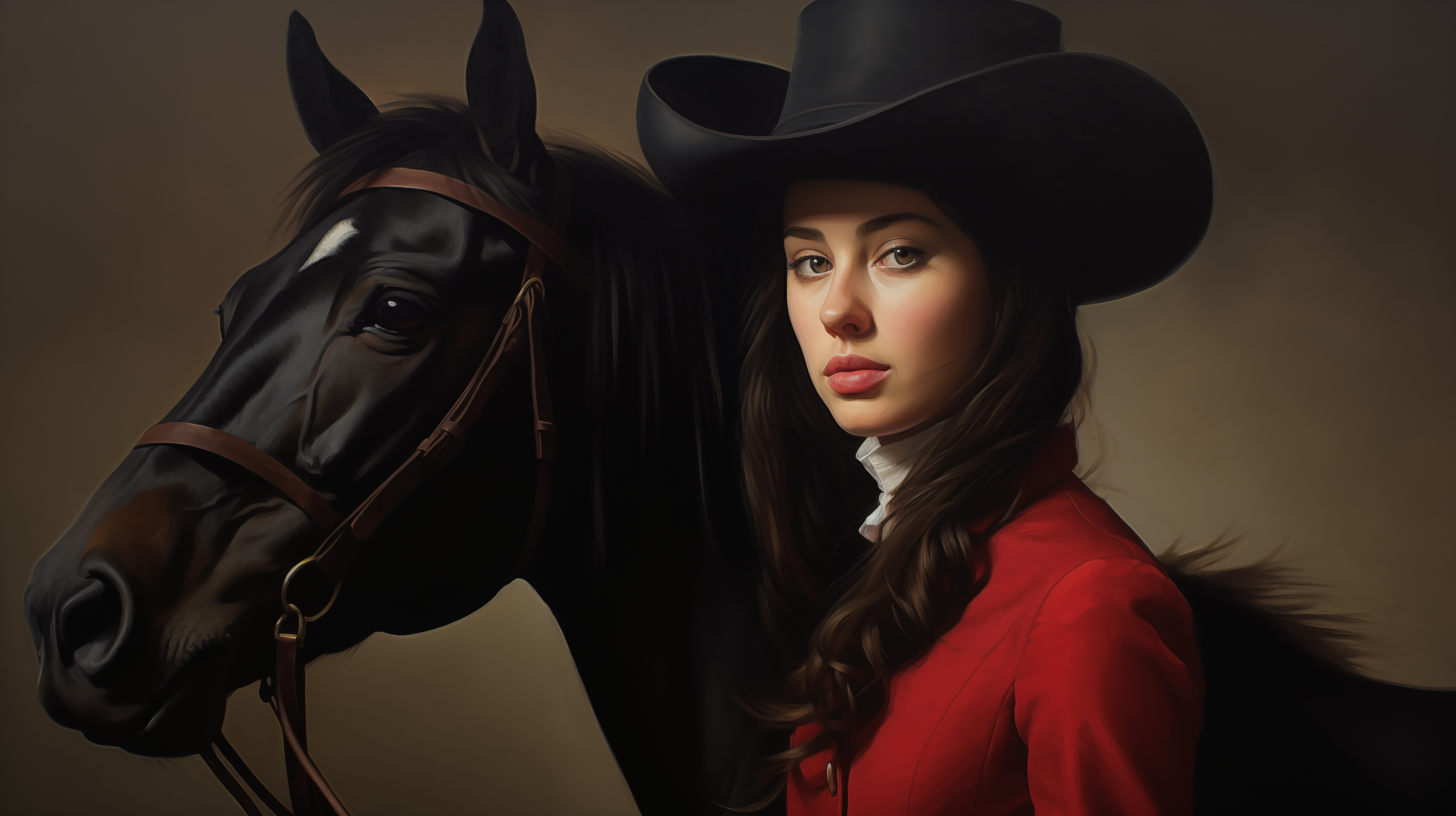 General 5824x3264 AI art digital art portrait women horse victorian clothes digital painting hat animals looking at viewer simple background minimalism long hair