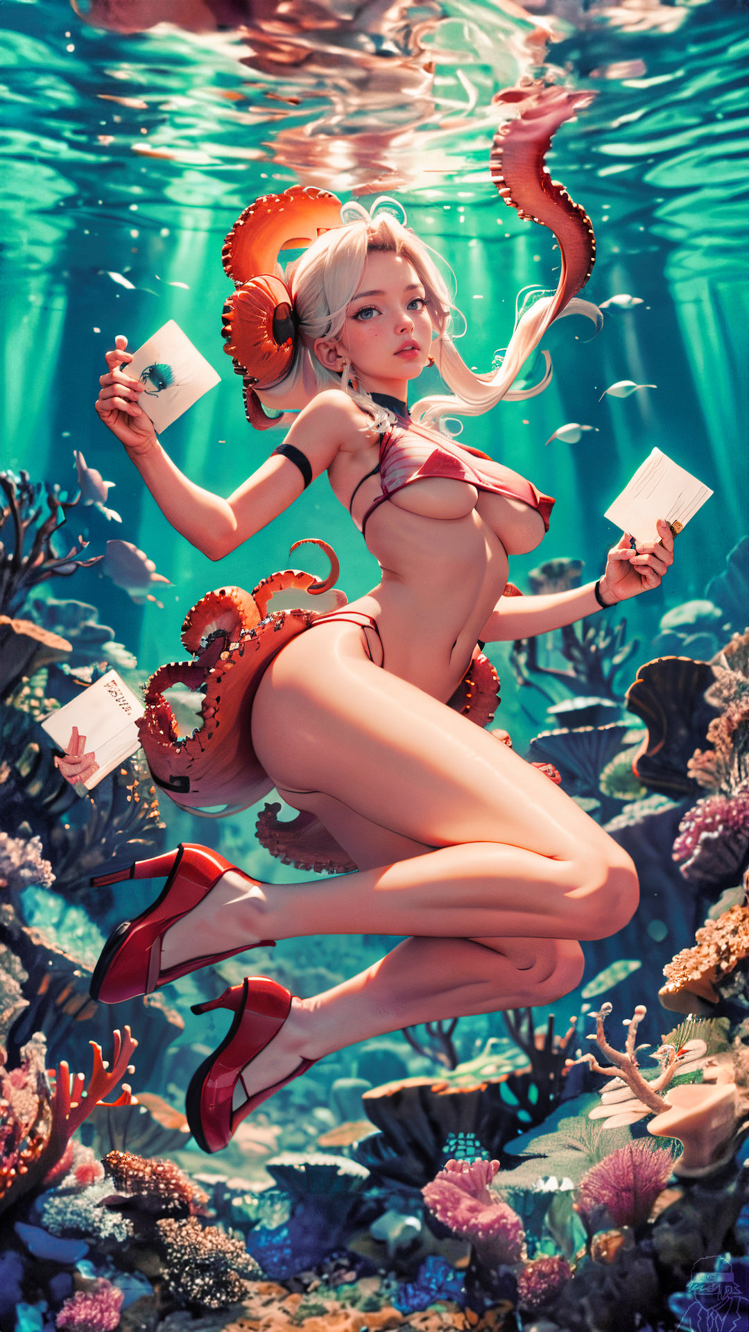 General 1080x1920 AI art digital art dar0z artwork underwater coral tentacles paper white hair floating heels swimwear portrait display water in water underboob big boobs parted lips