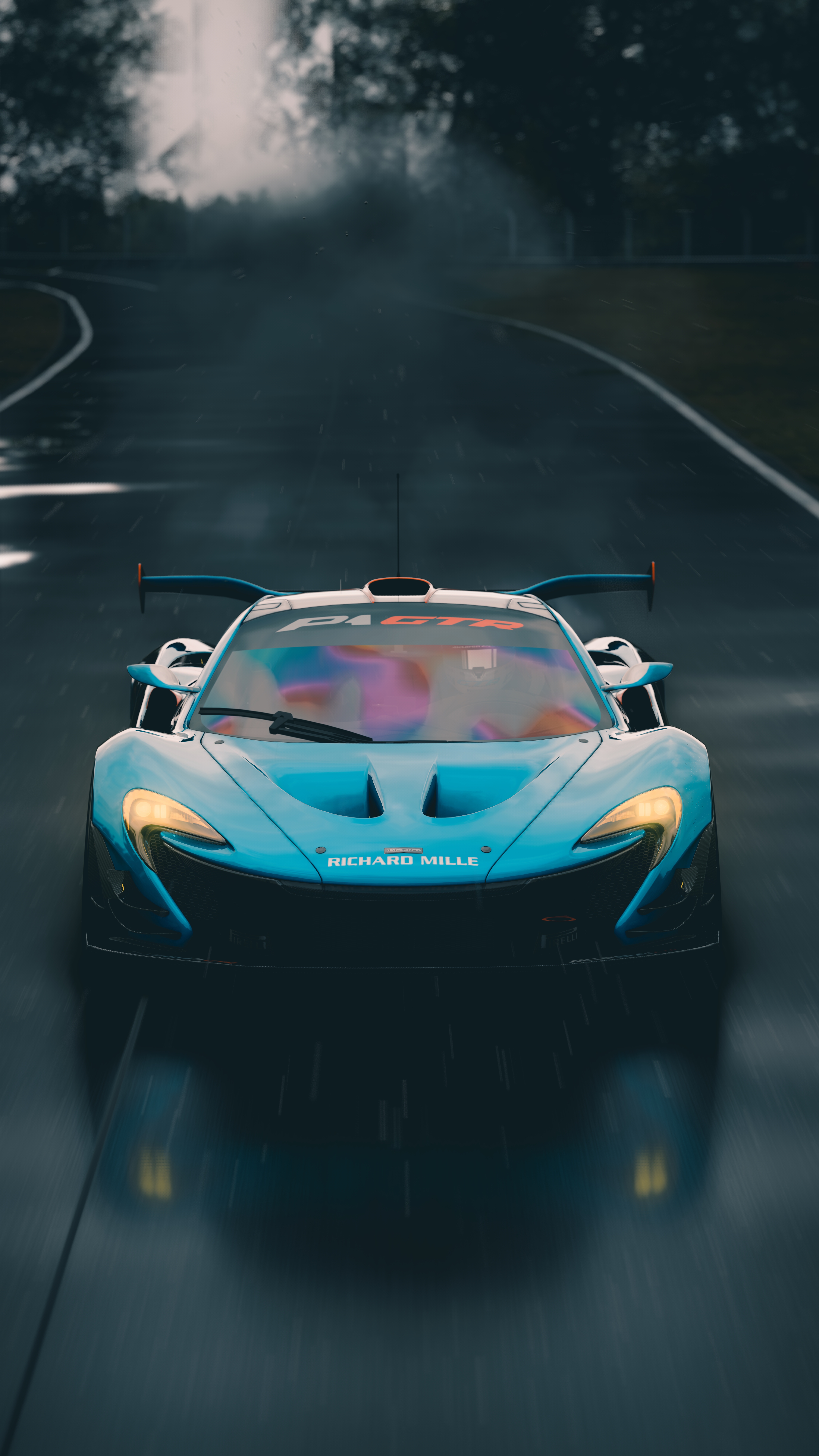 General 4320x7680 McLaren P1 car PC gaming Assetto Corsa frontal view headlights video game art reflection video games motion blur blurred vehicle