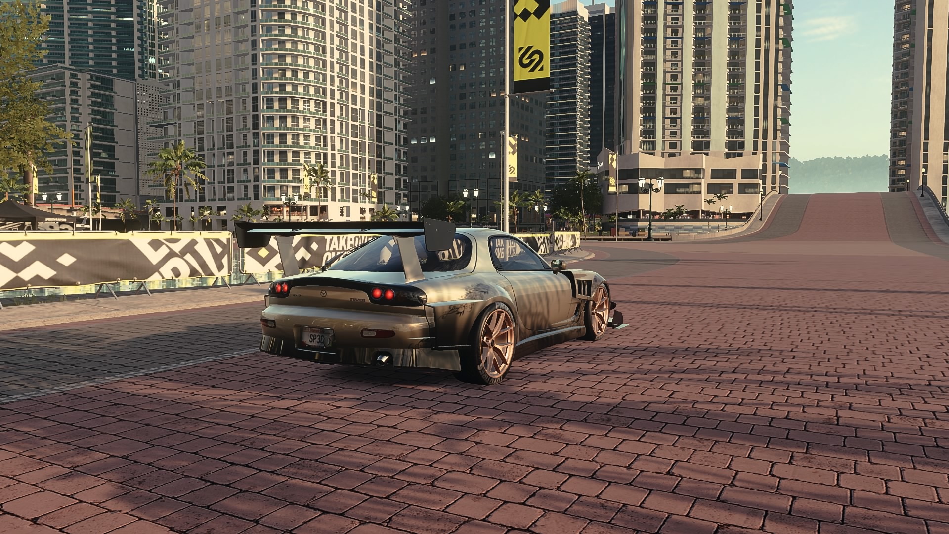 General 1920x1080 car Need for Speed: Heat video games PlayStation 4 gold video game art Mazda RX-7 taillights vehicle building rear view CGI sign palm trees