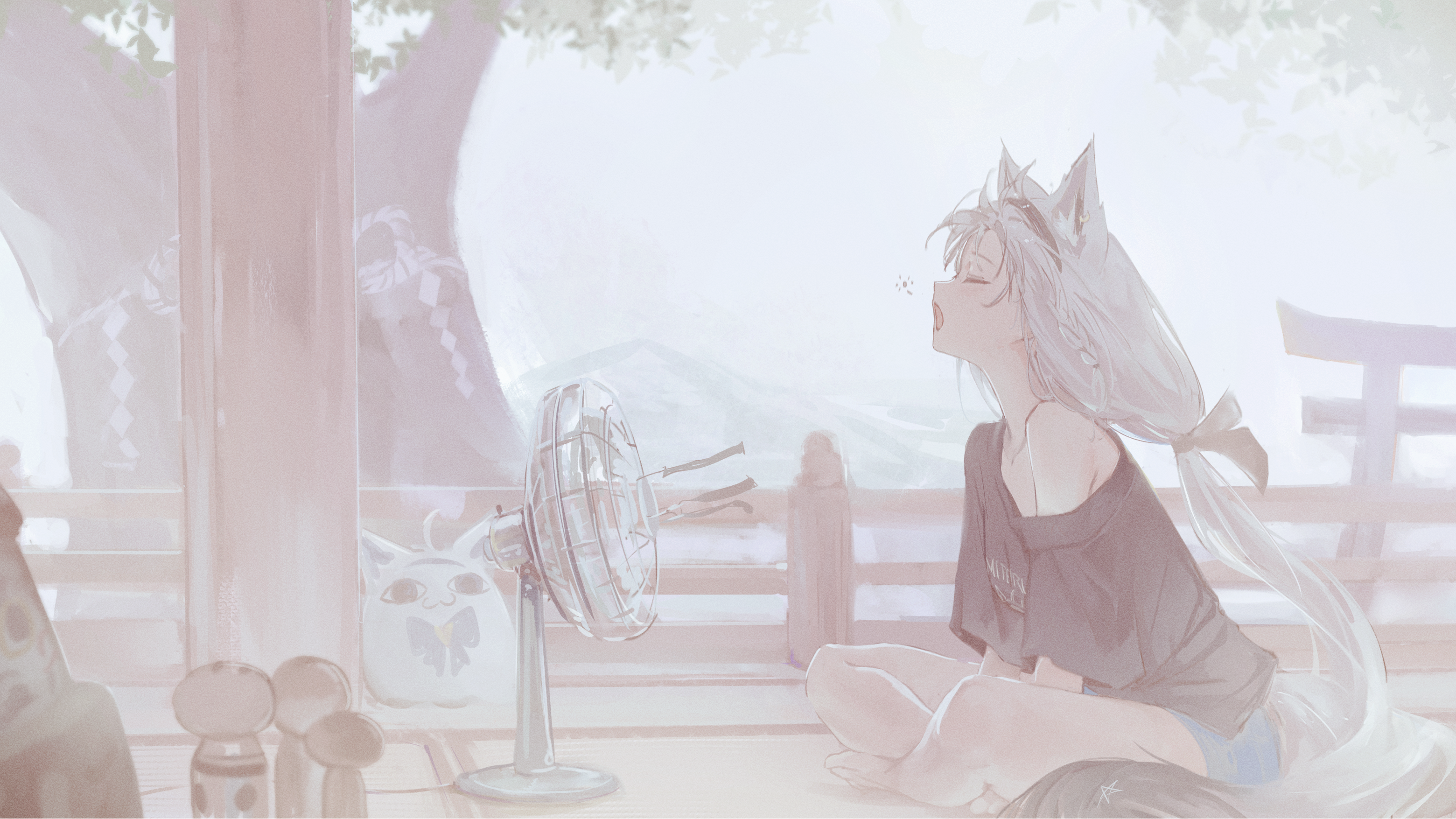 Anime 3120x1755 summer cat ears white hair temple short clothes Hyde (Artist) anime girls open mouth closed eyes Virtual Youtuber anime long hair headband one bare shoulder fans short sleeves bent legs sitting black shirt mountains electric fan hand(s) between legs braids blue shorts shorts legs crossed Hololive tatami Shirakami Fubuki