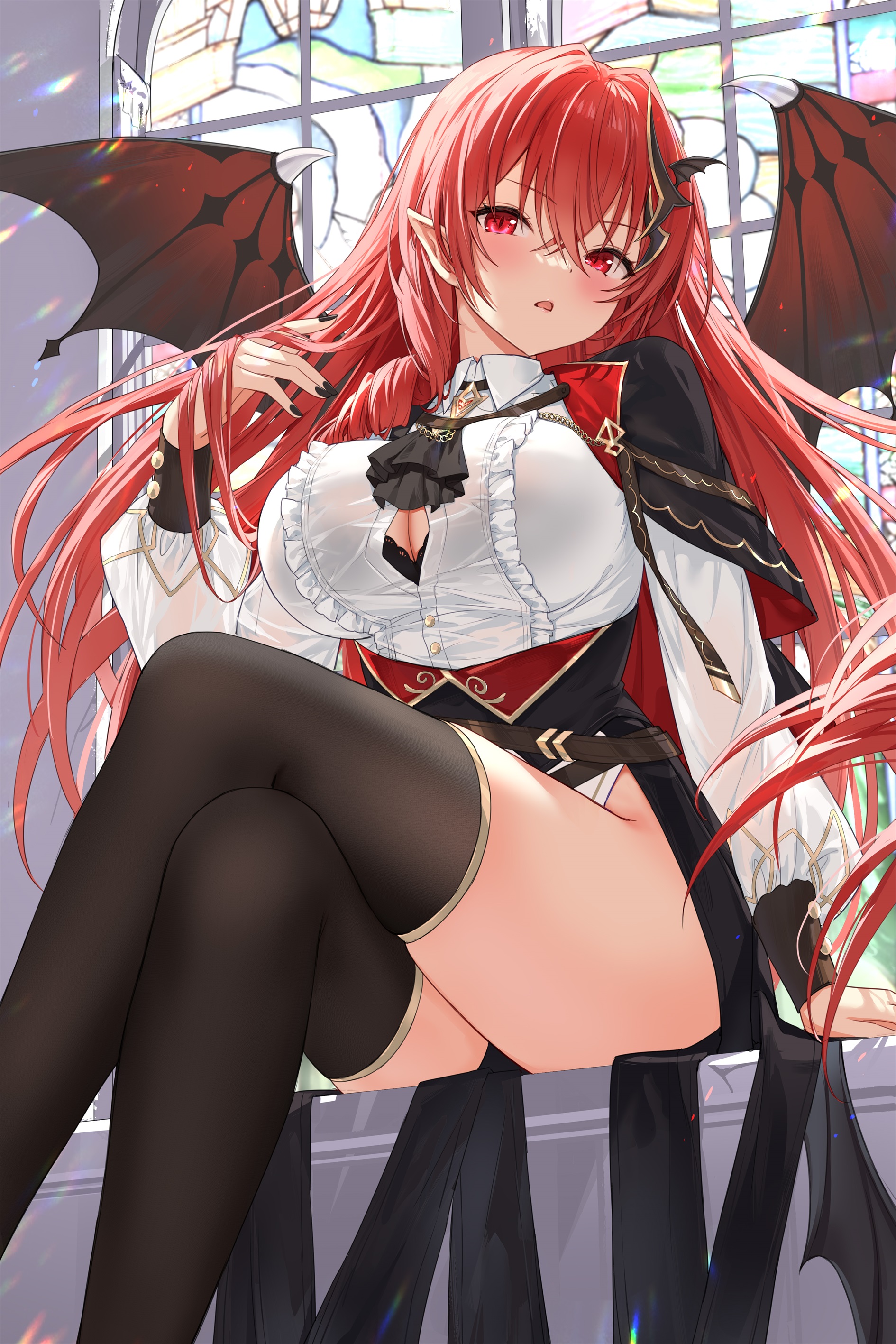 Anime 1890x2834 anime anime girls long hair looking at viewer sitting hair between eyes black stockings stockings stained glass big boobs black nails painted nails legs crossed thighs open mouth sunlight long sleeves window pointy ears redhead blushing Devil Heavens red eyes black bras cleavage succubus wings portrait display
