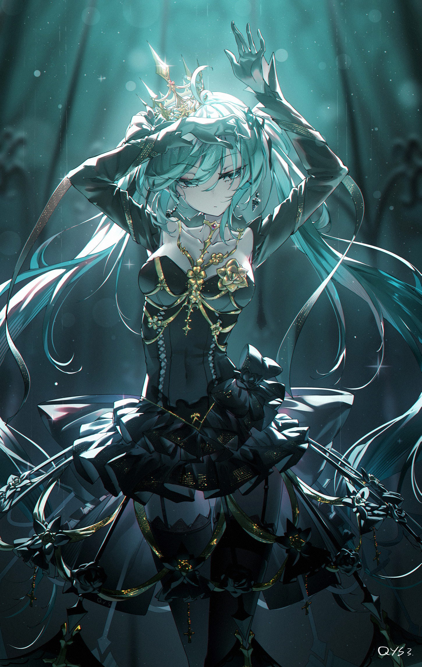 Anime 1450x2289 Hatsune Miku anime Vocaloid anime girls portrait display dress looking at viewer twintails arms up long hair crown gloves frills Bai Yemeng stockings garter straps earring blue hair blue eyes blurred blurry background signature