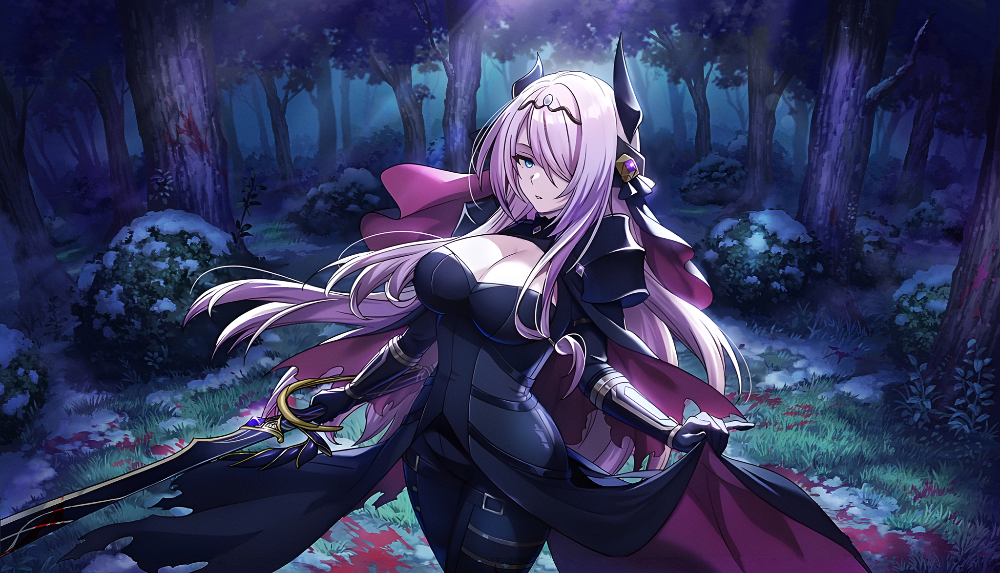Anime 2048x1174 The Eminence in Shadow Victoria (The Eminence in Shadow) Shadow Garden anime blood sword trees looking at viewer long hair hair over one eye dress cleavage huge breasts moonlight standing women with swords horns outdoors women outdoors night snow grass anime girls pink hair blue eyes parted lips hair ornament lifting dress