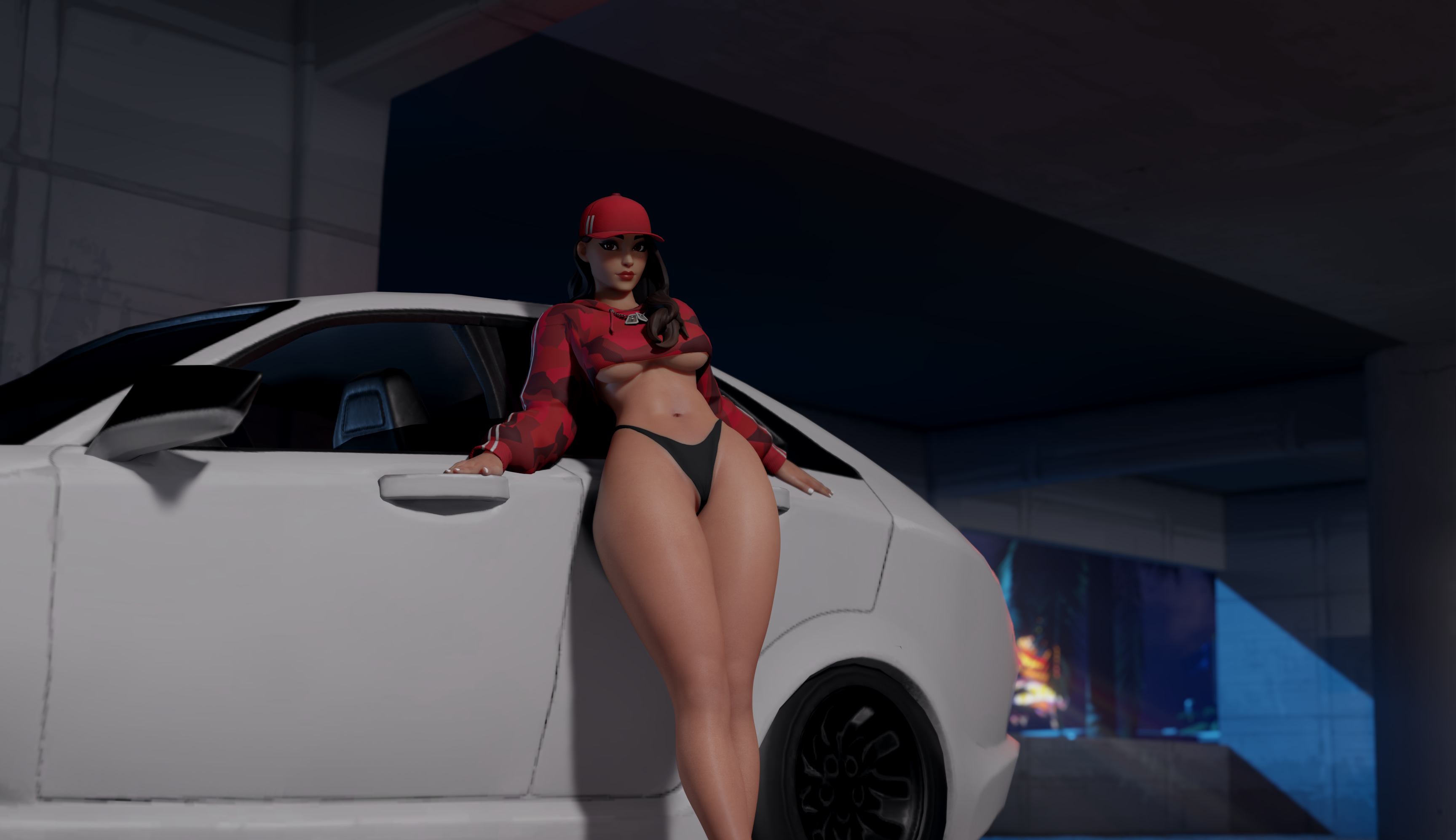 General 3456x1995 Fortnite car crop top thong legs thick thigh underboob video game characters CGI video game girls big boobs looking at viewer vehicle side view video games digital art depth of field long hair closed mouth white cars white nails painted nails hat
