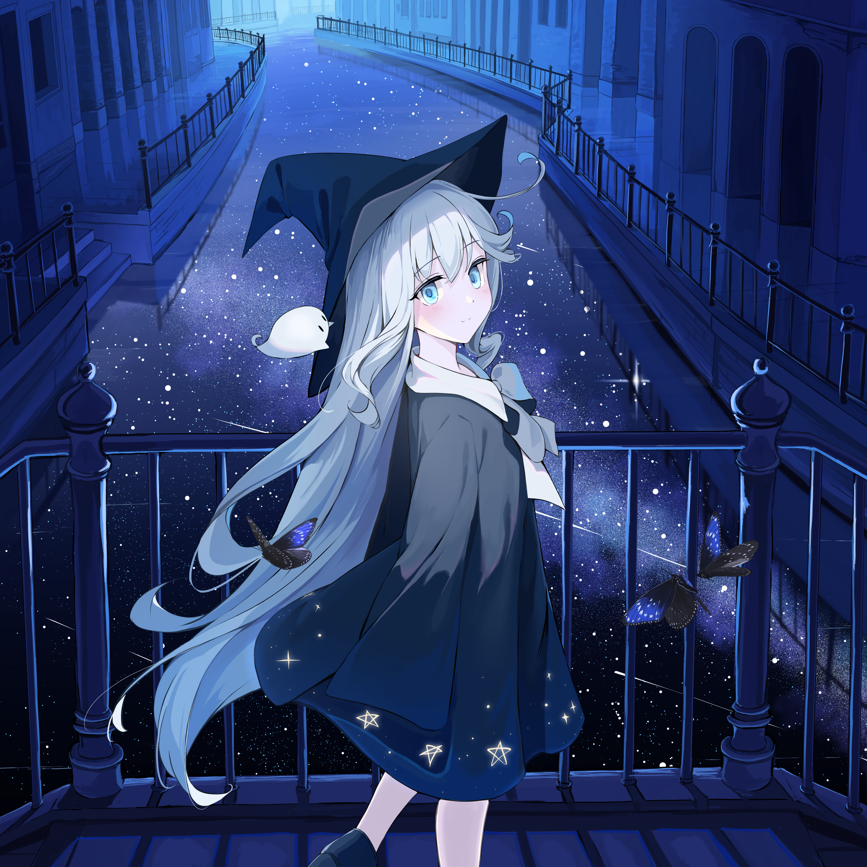 Anime 3000x3000 anime anime girls witch hat long hair standing shoes blue eyes gray hair night mikisai water handrail looking at viewer closed mouth blushing hat building insect looking sideways walking hair between eyes smiling butterfly