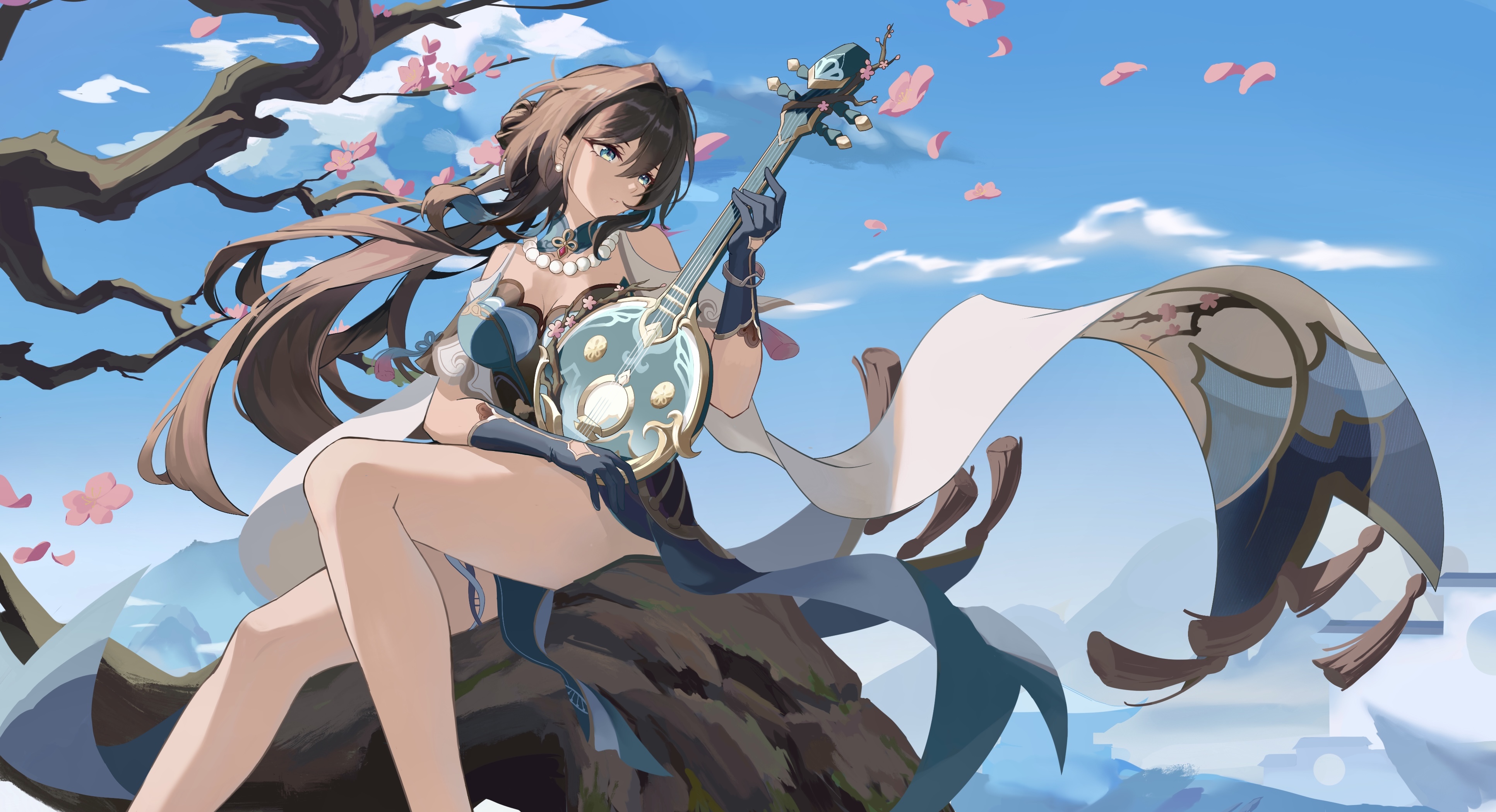 Anime 3866x2099 anime anime girls Ruan Mei (Honkai: Star Rail) Honkai: Star Rail log musical instrument petals hair blowing in the wind sky clouds sitting gloves blue gloves pearl necklace necklace hair between eyes blue eyes brunette earring
