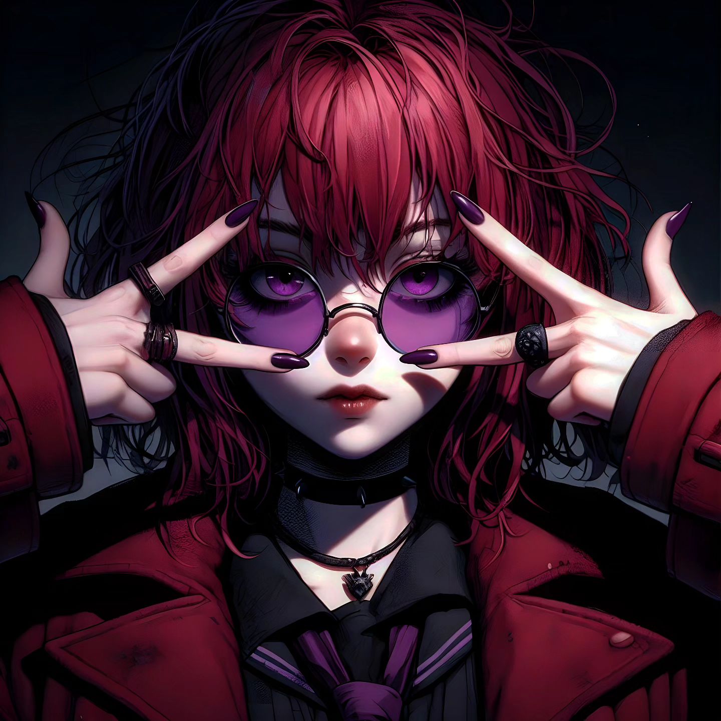 Anime 1440x1440 redhead sunglasses Caucasian AI art tie anime girls closed mouth looking at viewer anime purple nails painted nails women with shades face hair between eyes long hair choker purple eyes rings digital art