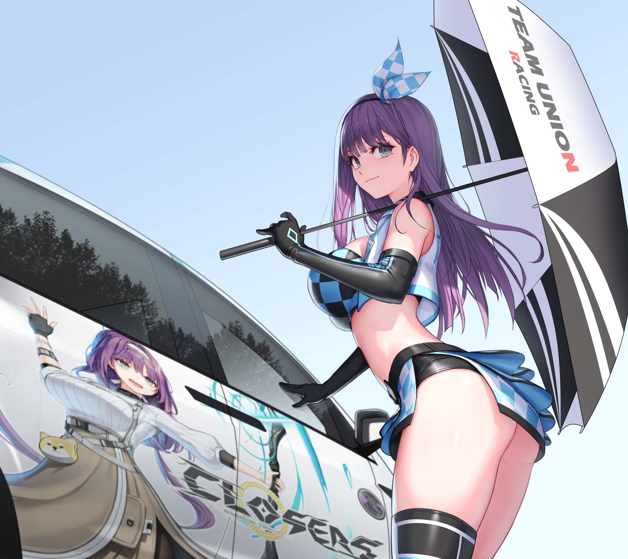 Anime 2000x1783 Closers looking at viewer Aeri (Closers) umbrella purple eyes hair ornament elbow gloves arched back women with cars race cars Race Queen Outfit thighs simple background moles blue background long hair black gloves hair ribbon clear sky missing stocking looking back micro skirt bare midriff white jacket mole under mouth car crop top sleeveless shirt hairband women outdoors multi-colored eyes boobs ass gloves smiling anime anime girls