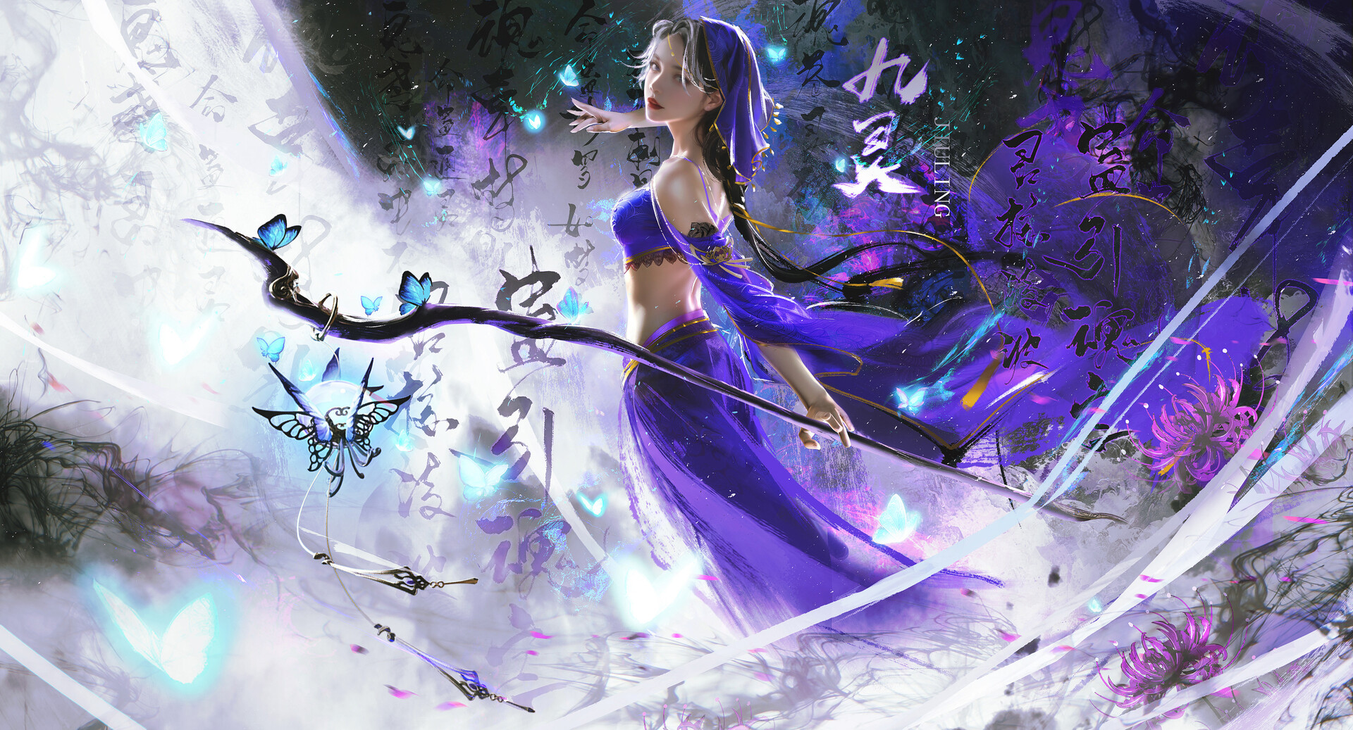 General 1920x1037 Su Mo drawing women fantasy art purple butterfly digital art long hair looking at viewer standing purple clothing staff closed mouth lipstick flowers bare midriff insect Japanese
