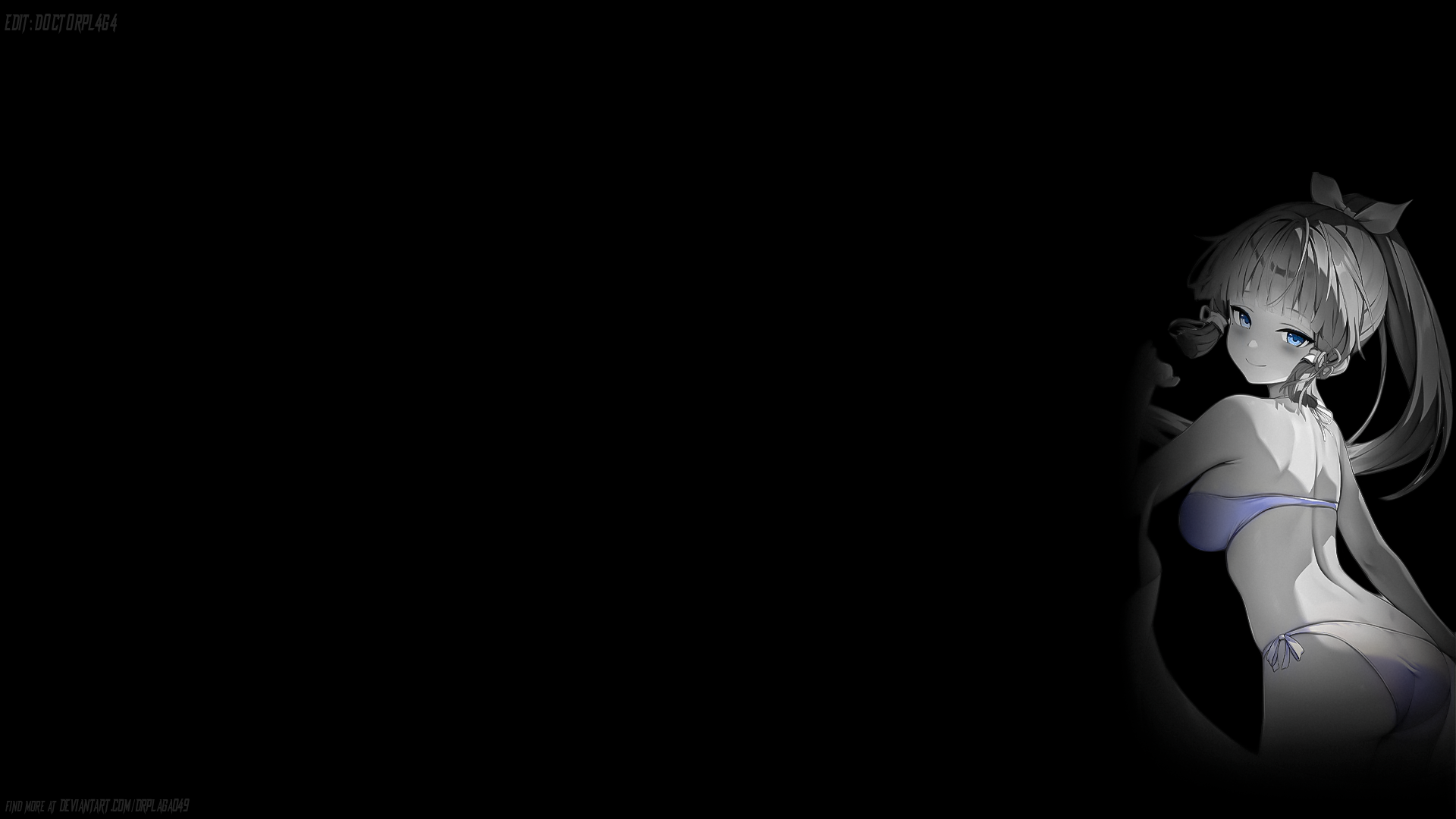 Anime 1920x1080 Kamisato Ayaka (Genshin Impact) looking at viewer ponytail anime simple background anime girls Genshin Impact bikini dark background looking back long hair closed mouth blushing selective coloring blue eyes side tie bikini bottom ass hair tubes hair ornament smiling mole under eye moles bangs