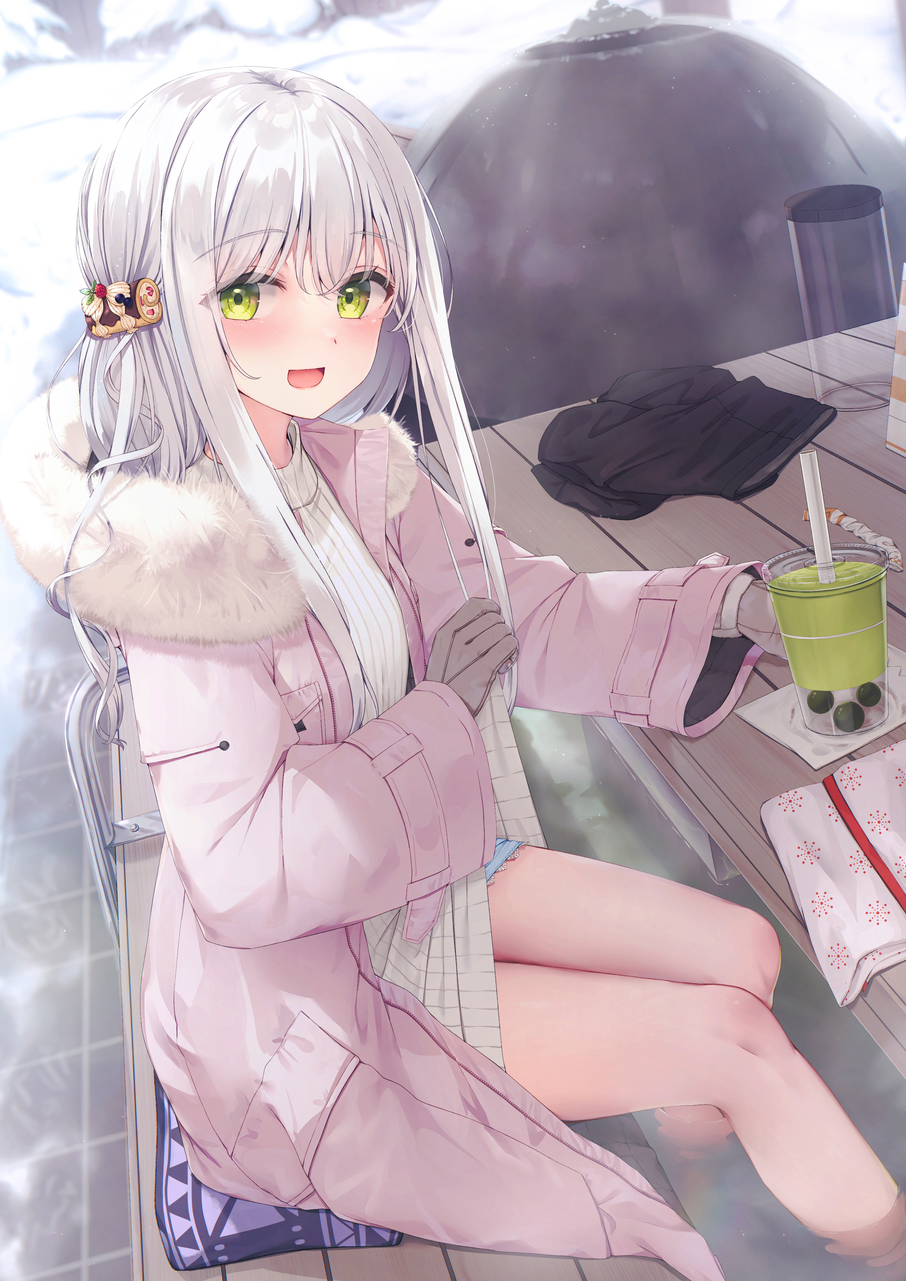 Anime 2894x4093 anime anime girls Tsuchikure portrait display looking at viewer blushing green eyes drinking straw cold coats sitting open mouth dress gloves hair ornament white hair table winter snow water pink coat Melonbooks hot spring drink towel