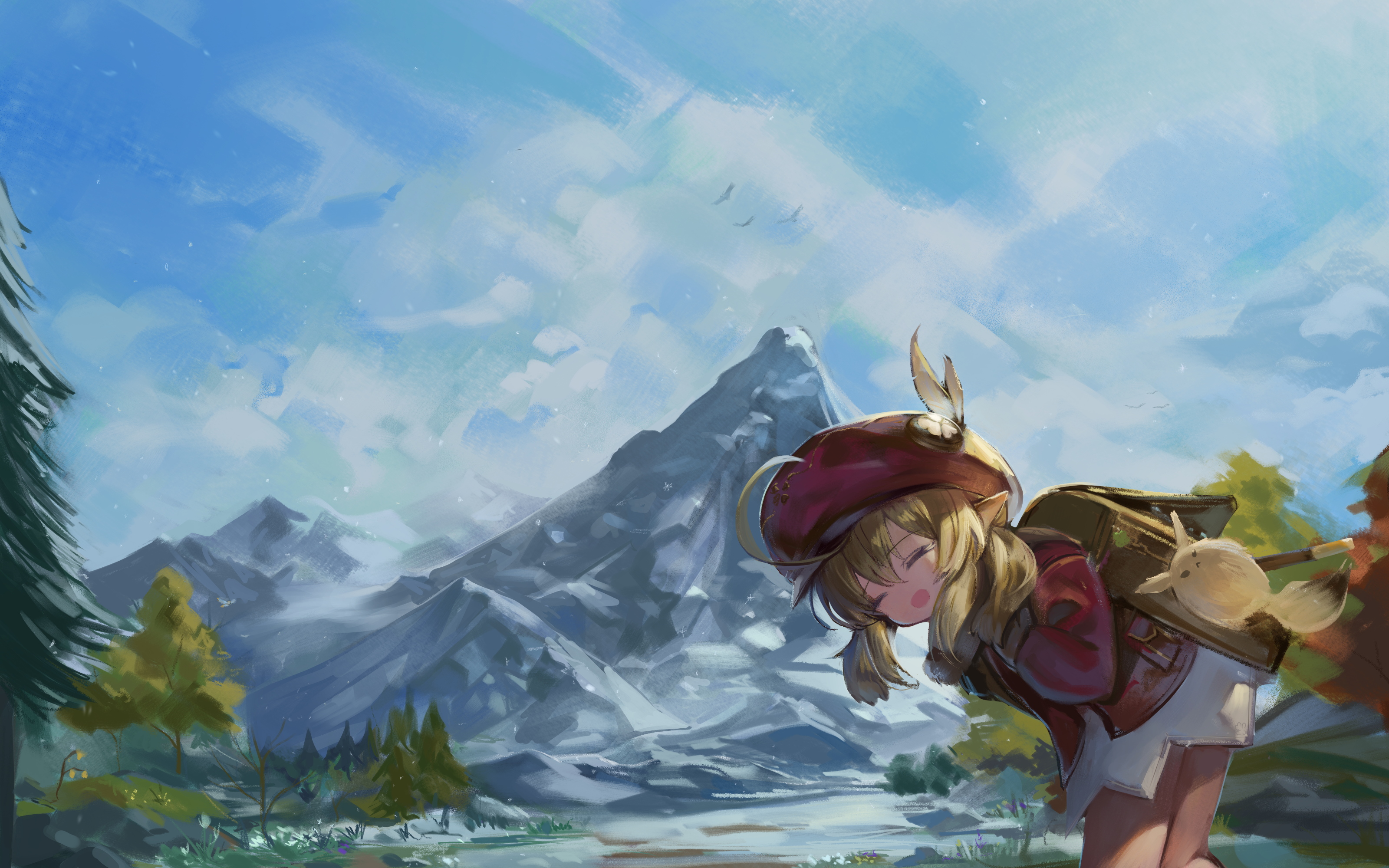 Anime 3200x2000 anime anime girls Klee (Genshin Impact) sky Genshin Impact smiling pointy ears mountains outdoors women outdoors closed eyes open mouth backpacks trees loli twintails ahoge hat DoKoMoN standing nature