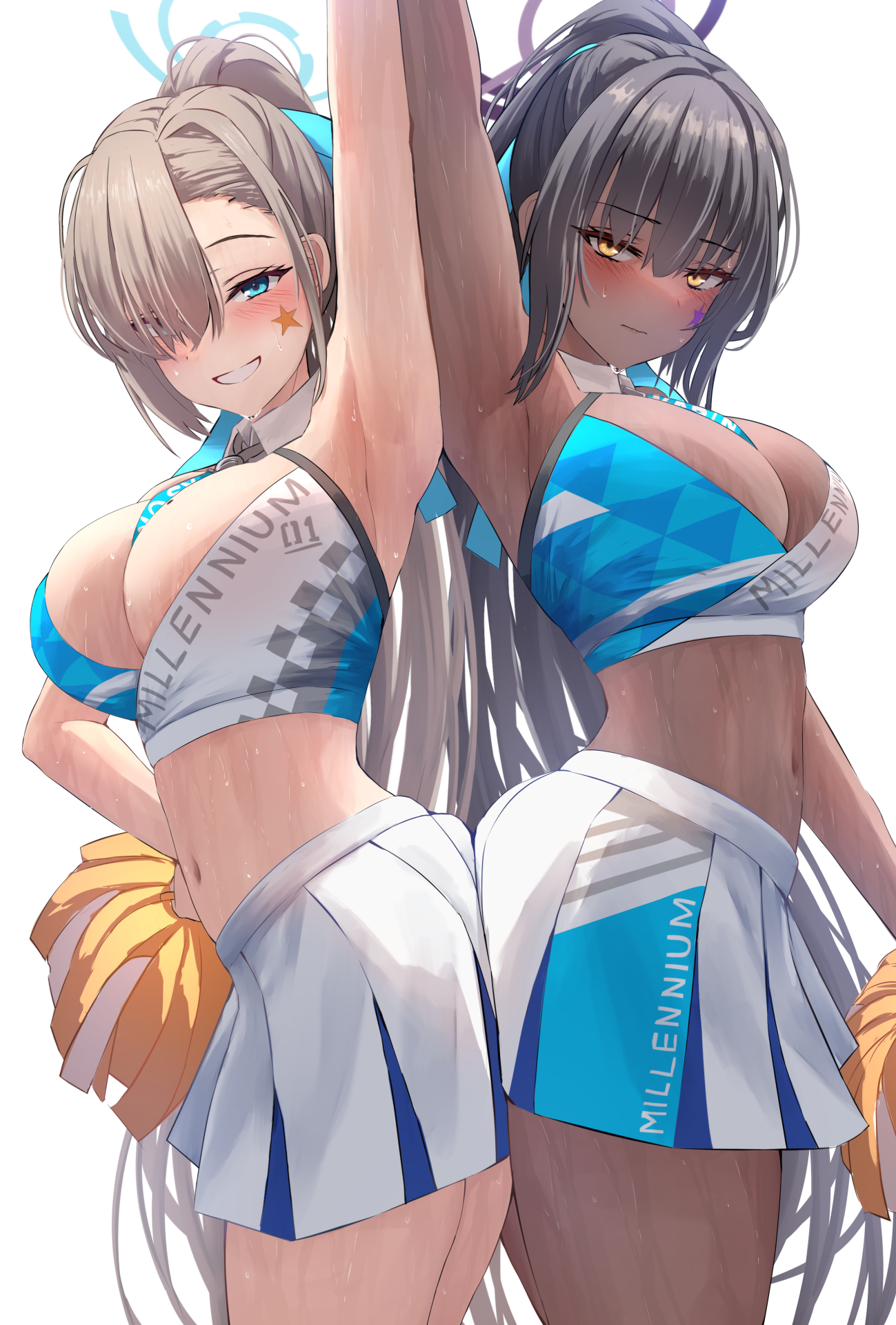 Anime 1299x1920 anime anime girls Blue Archive belly Kakudate Karin sweat Asuna Ichinose blushing dark skin blue eyes black hair yellow eyes ponytail smiling silver bullet sweaty body simple background white background skirt portrait display moles two women big boobs armpits looking at viewer one arm up mole on breast Pom-Pom cheerleaders cheerleader costume