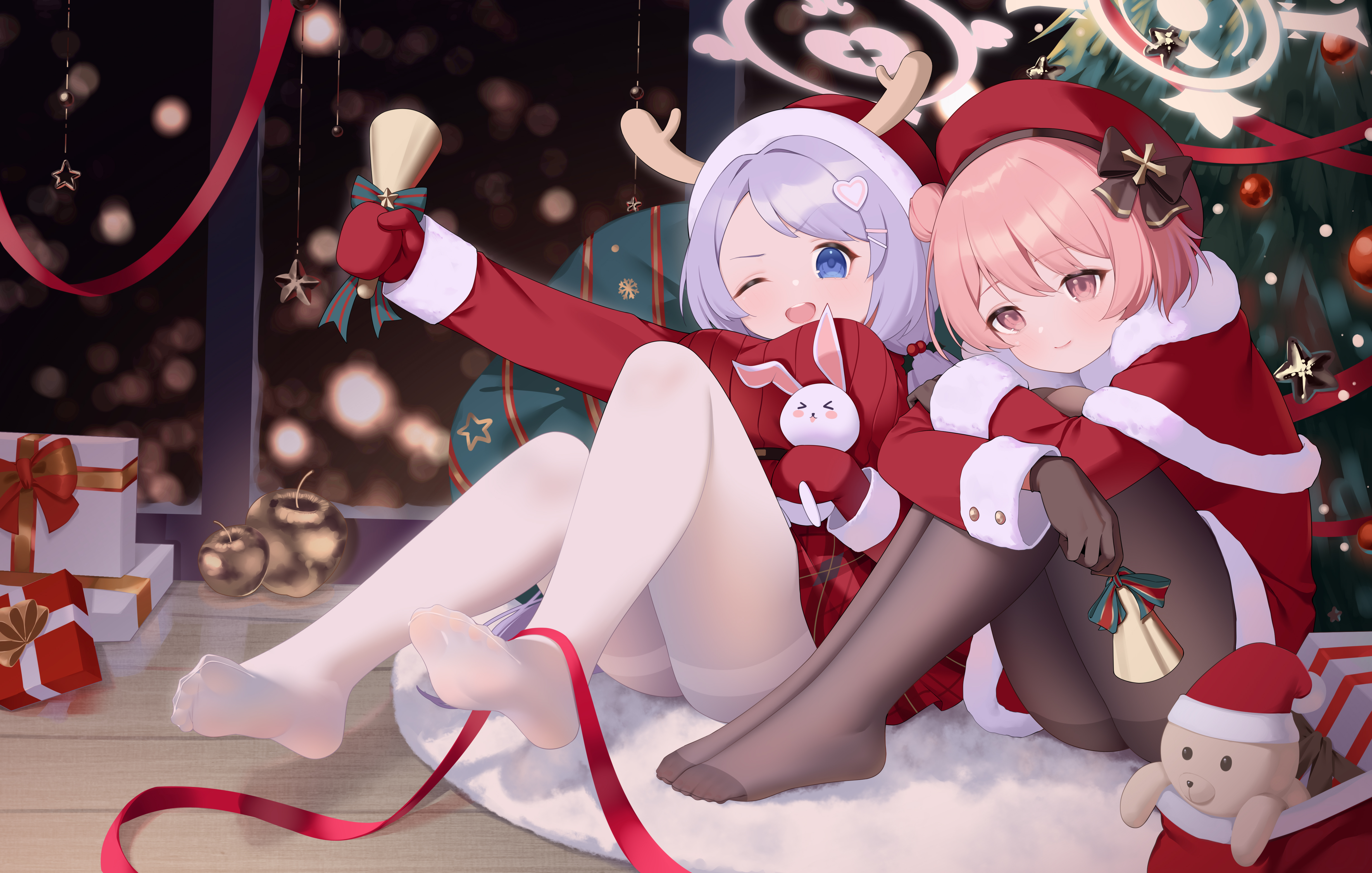 Anime 4912x3126 anime anime girls Blue Archive pantyhose Sumi Serina (Blue Archive) Asagao Hanae Christmas Christmas tree smiling Christmas ornaments  floor open mouth one eye closed hair ribbon hair ornament bent legs on the floor pointed toes gloves arms crossed hairbun blue hair blue eyes pink hair pink eyes closed mouth stars hat Christmas presents bells red ribbon ribbon