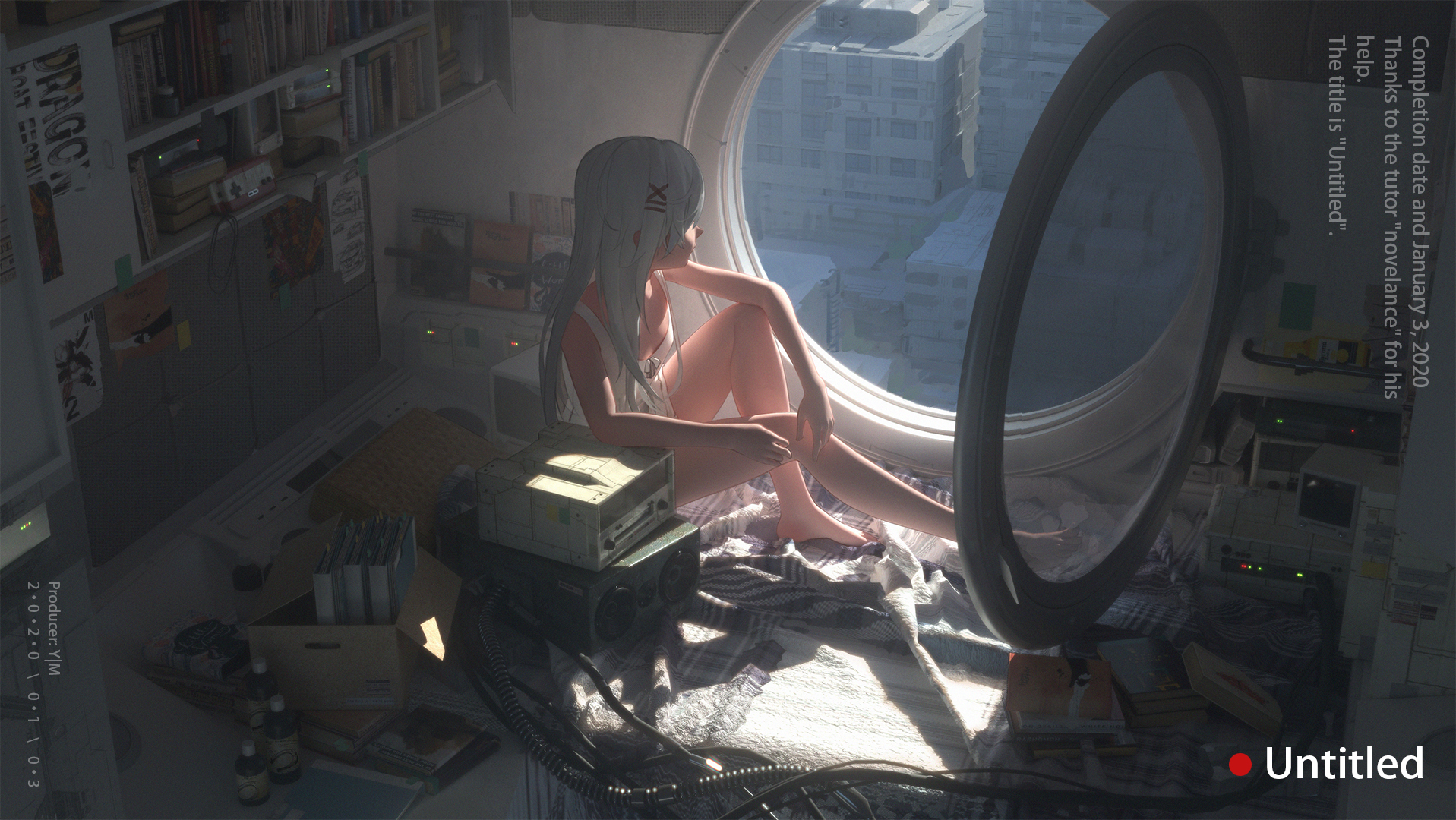 General 1917x1080 looking out window city wires computer blankets bottles digital art watermarked window box books by the window sunlight Y|M floor messy indoors women indoors hair ornament long hair technology shelves building pointed toes cardboard box