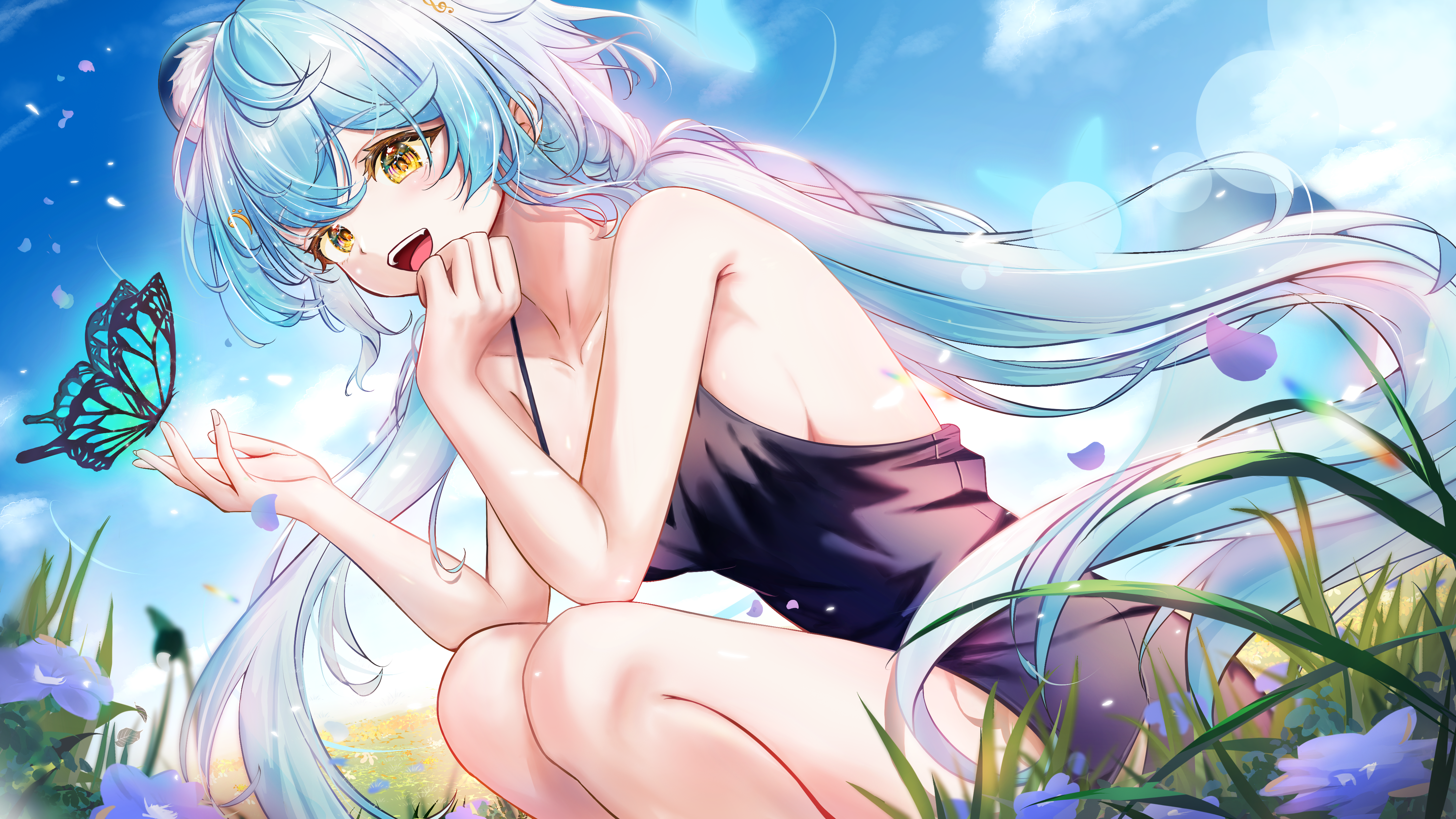 Anime 4411x2481 anime girls animal ears yellow eyes open mouth butterfly light blue hair squatting Blue Butterflies purple flowers sideboob flowers women outdoors hair ornament petals black dress cyan hair smiling grass sky no bra worm's eye view hair between eyes anime collarbone sunlight clouds leaves insect