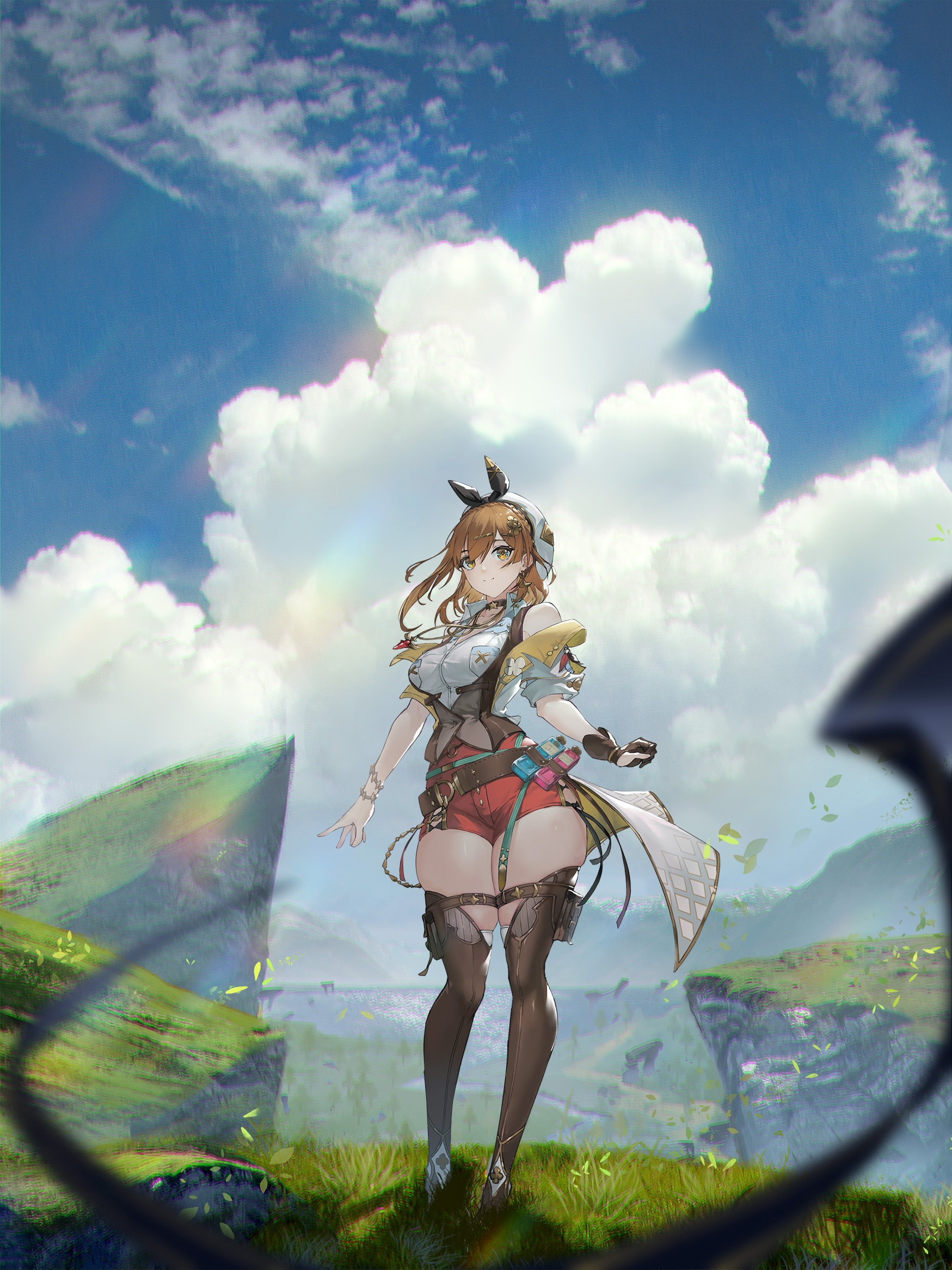 Anime 1749x2333 Atelier Ryza anime girls portrait display long hair Reisalin Stout red shorts hair ornament brunette looking at viewer grass thigh-highs Xleontan high heeled boots sky thick thigh yellow eyes cliff women outdoors glasses POV clouds missing glove standing leaves cumulus hair between eyes smiling hair blowing in the wind Skindentation gloves