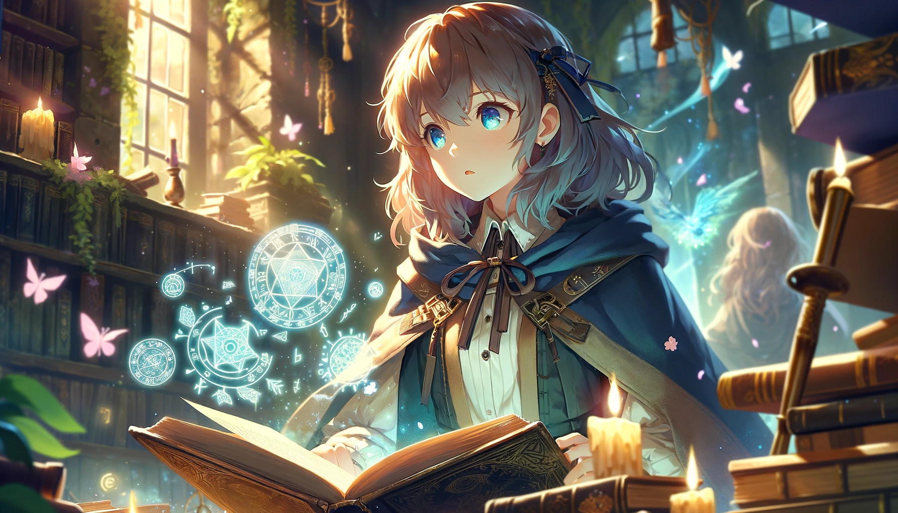 Anime 1792x1024 magician anime girls anime AI art books short hair blue eyes hair between eyes brunette magic hair ornament candles butterfly leaves parted lips fire natural light indoors women indoors reading sunlight capelet