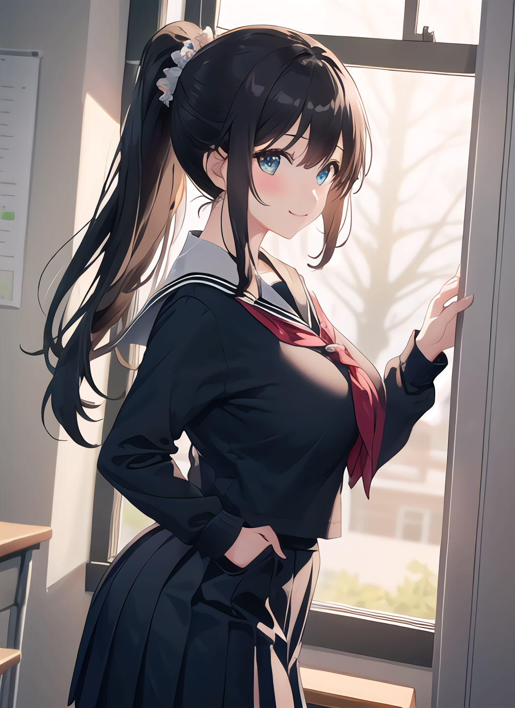 Anime 1024x1408 AI art anime girls ponytail long hair brunette school uniform artwork digital art original characters solo anime hair between eyes schoolgirl standing closed mouth smiling neckerchief sunlight hands in pockets skirt