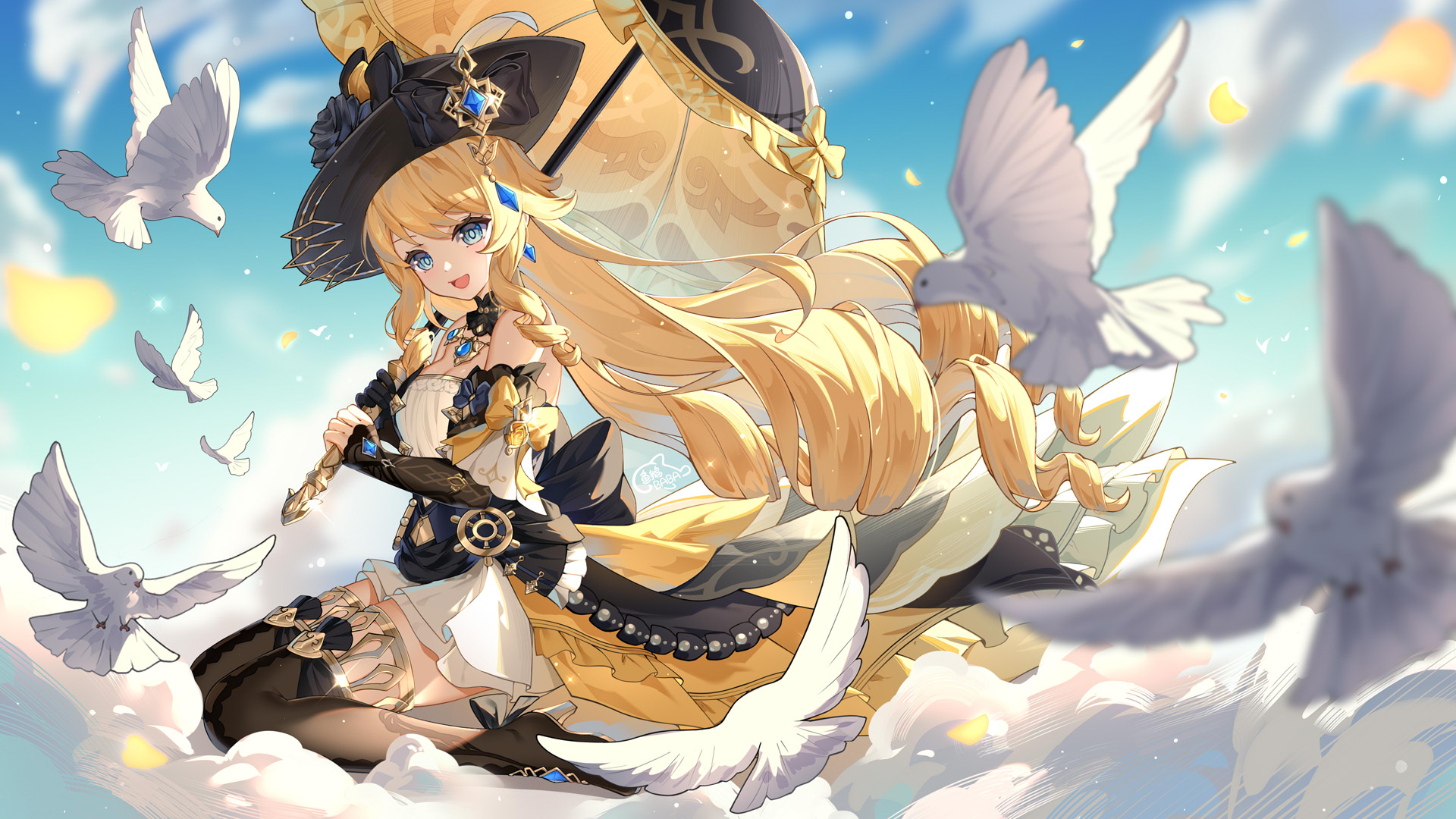 Anime 1920x1080 anime anime girls Navia (Genshin Impact) Genshin Impact birds Yu e baba looking at viewer open mouth long hair bare shoulders blonde outdoors women outdoors thigh-highs blue eyes black thigh-highs frills dress hat animals sunlight signature gemstones smiling umbrella wariza petals clouds sky tailcoat sparkles