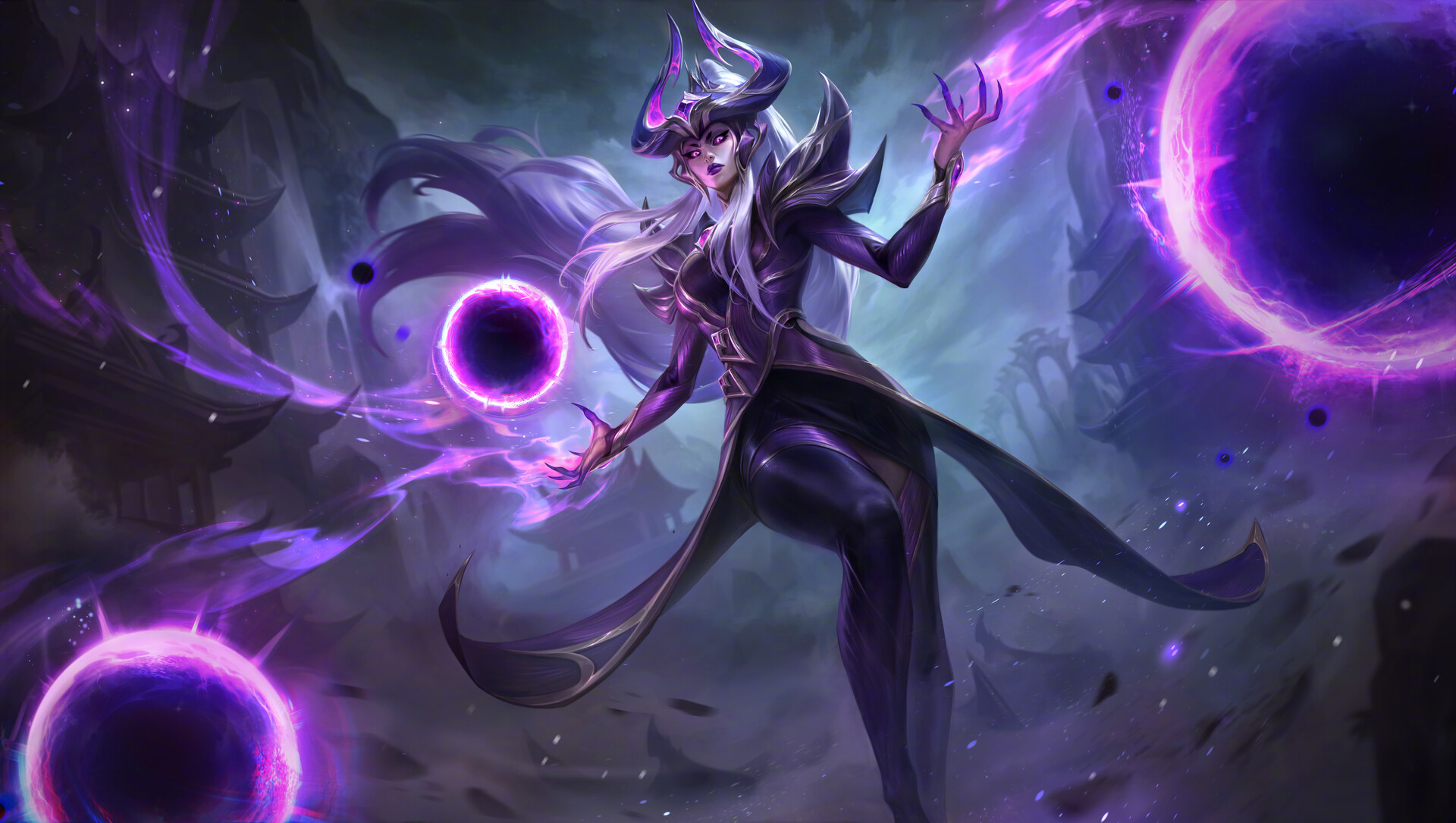 General 1920x1085 drawing Pandart Studio digital art long hair video game girls claws video game characters video games closed mouth frown looking at viewer purple lipstick purple eyes purple clouds sky Syndra (League of Legends) League of Legends