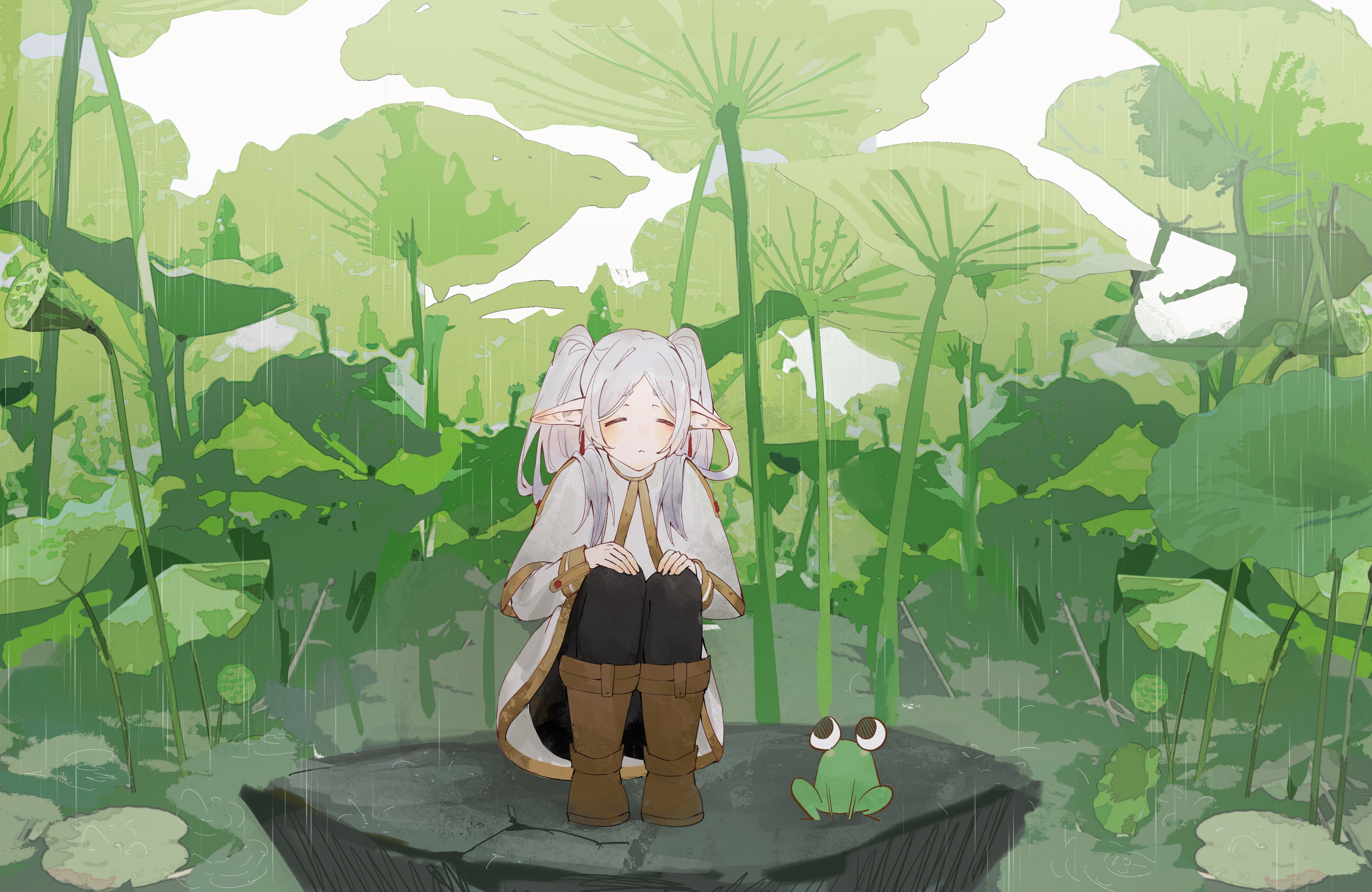 Anime 4665x3031 anime anime girls Sousou No Frieren Frieren closed eyes pointy ears long hair rain frog squatting capelet boots plants water closed mouth white hair bent legs hands on knees outdoors women outdoors twintails animals frown