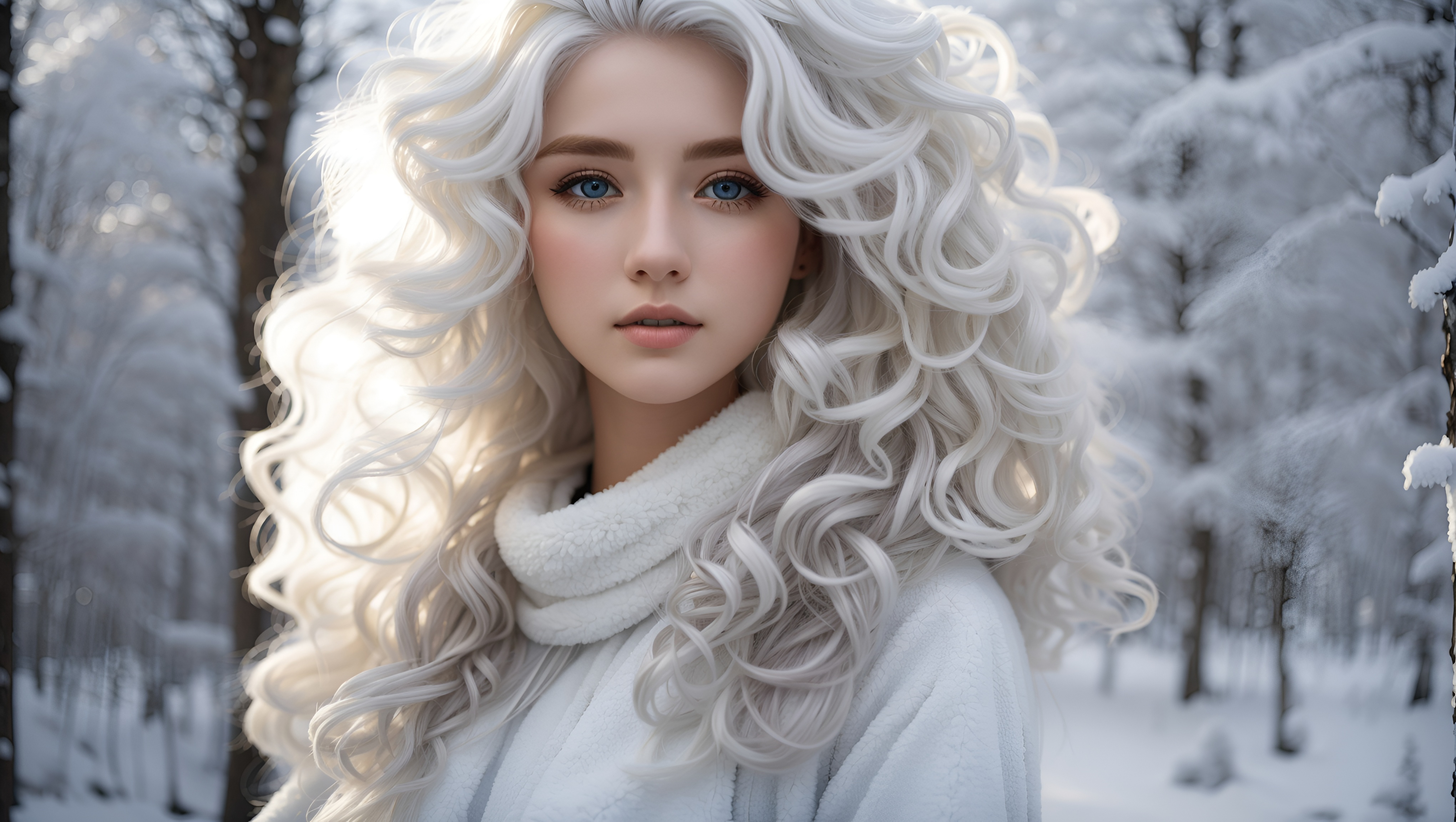General 4080x2304 AI art digital art portrait women winter white white hair forest snow looking at viewer outdoors women outdoors curly hair parted lips long hair blue eyes trees snow covered sunlight depth of field