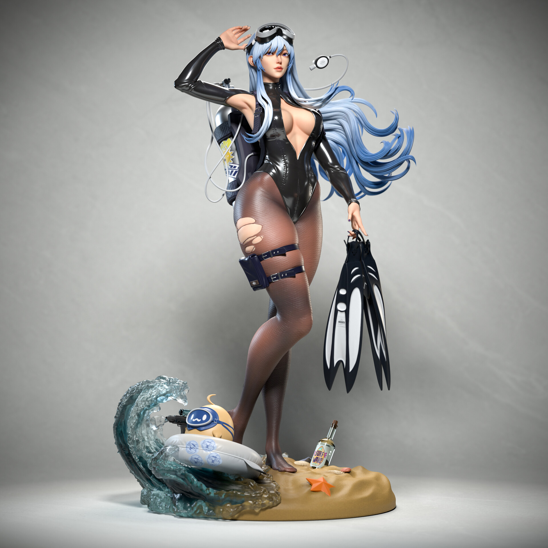 General 1920x1920 women CGI Cifangyi portrait display simple background sand digital art torn pantyhose pantyhose long hair big boobs parted lips goggles blue hair starfish glass bottle floater standing