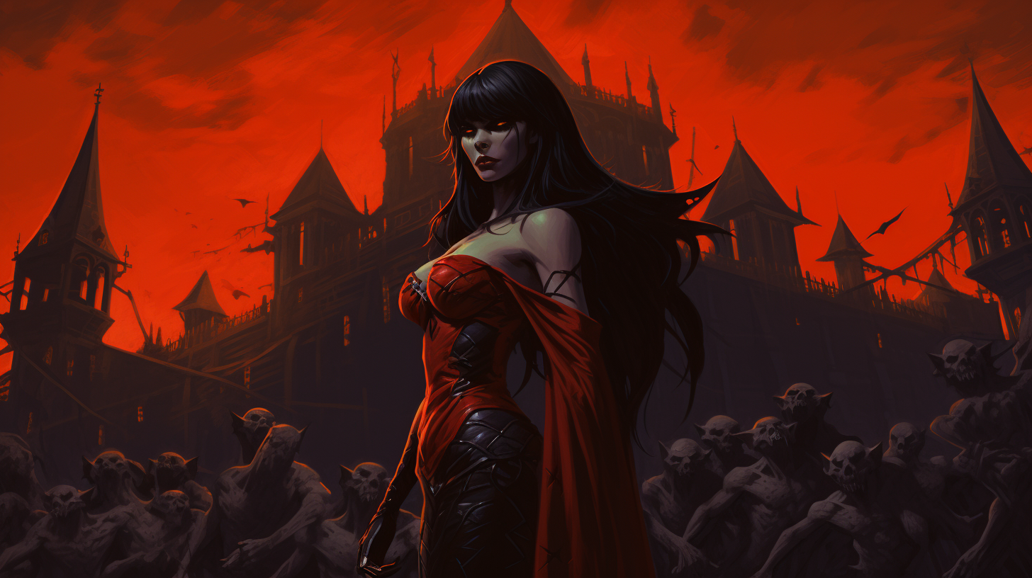 General 1456x816 Vampirella demon red castle dark comic character red dress digital art low light vampire girl long hair glowing eyes red eyes looking at viewer sky clouds bare shoulders closed mouth red lipstick lipstick off shoulder