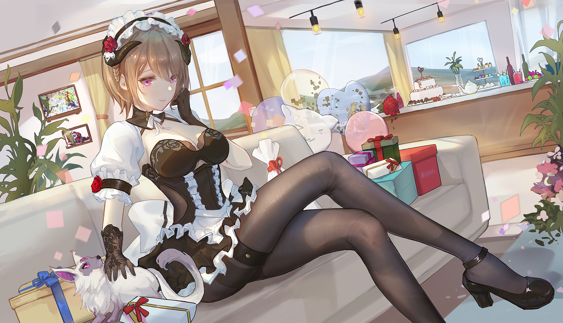 Anime 1800x1034 couch Honkai Impact 3rd Rita Rossweisse sitting legs crossed pantyhose looking at viewer short hair mole under eye gloves Christmas presents leaves indoors women indoors closed mouth moles animals heels horns headdress balloon Honkai Impact Taichi purple eyes blonde hair between eyes presents cake teapot maid maid outfit cleavage flowers window frills pointed toes