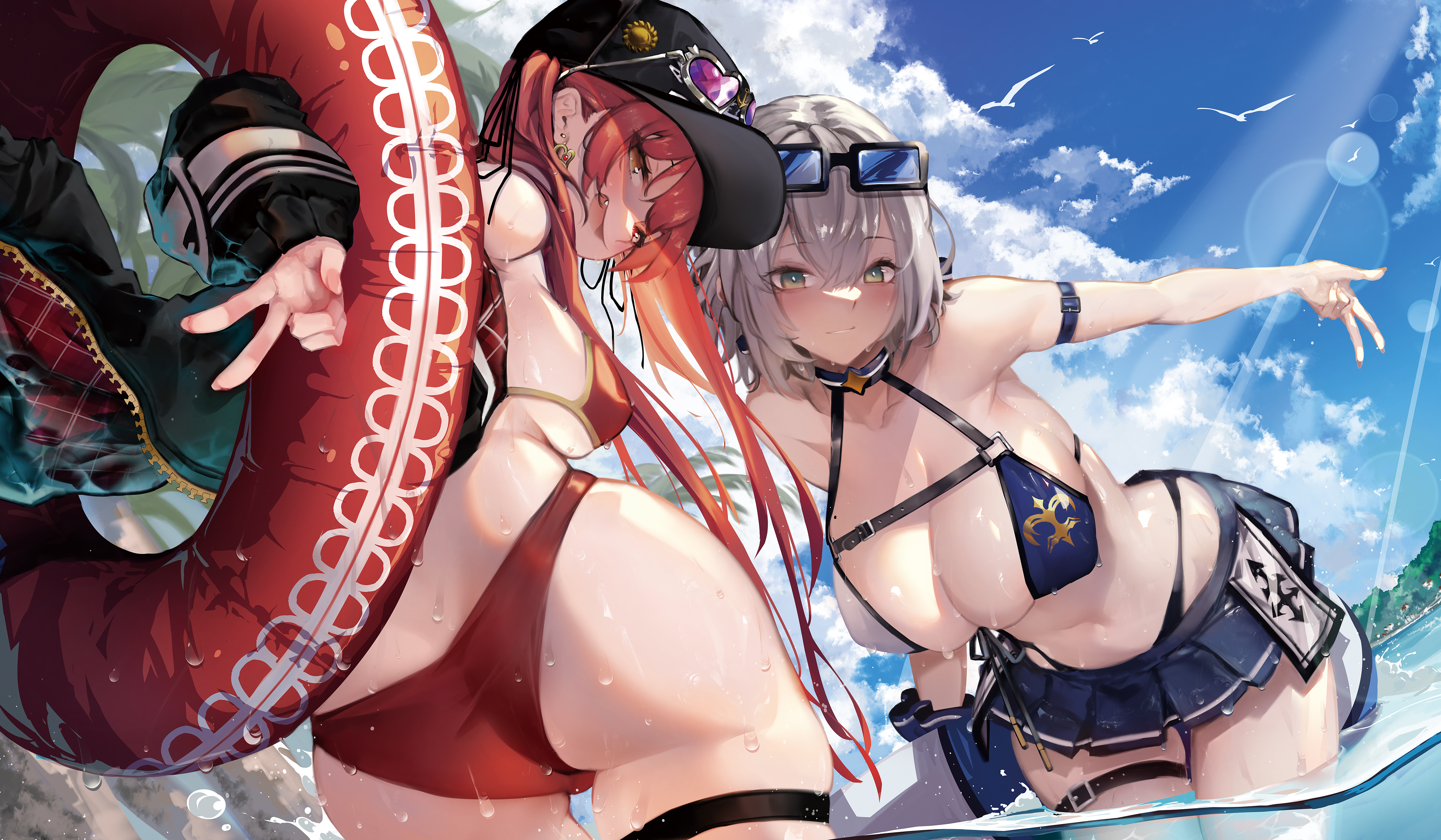 Anime 4252x2480 anime anime girls Hololive Houshou Marine Shirogane Noel clouds Virtual Youtuber wet body hair between eyes water peace sign sunglasses outdoors women outdoors BabyG Wong standing standing in water sunlight huge breasts cleavage closed mouth open mouth sideboob heterochromia earring sky skirt bikini redhead ass gray hair dripping sun rays smiling mole on breast moles collarbone long hair water drops hat