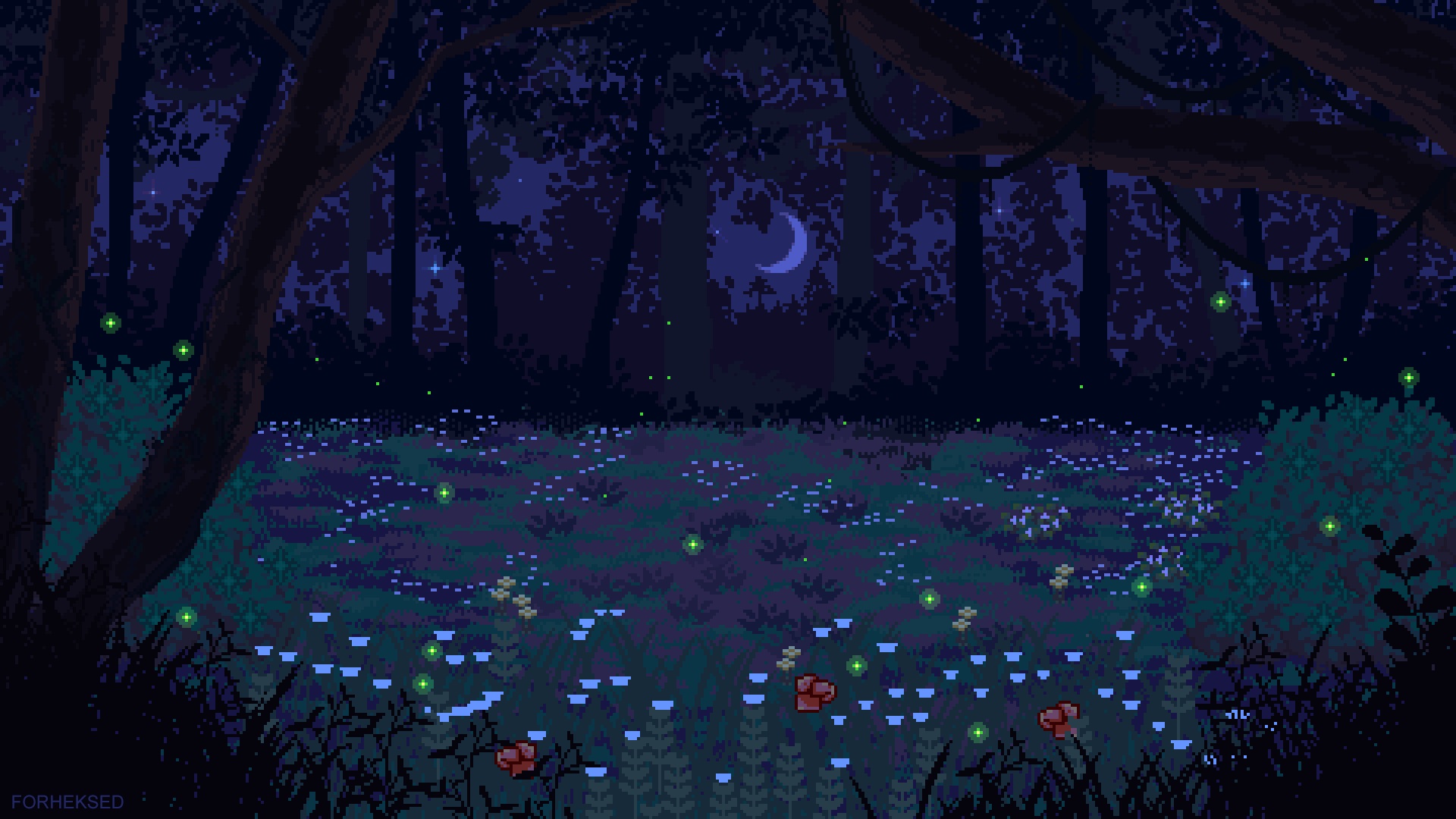 General 1920x1080 pixel art digital art bioluminescence night watermarked flowers fireflies forest crescent moon Moon trees grass nature forest clearing