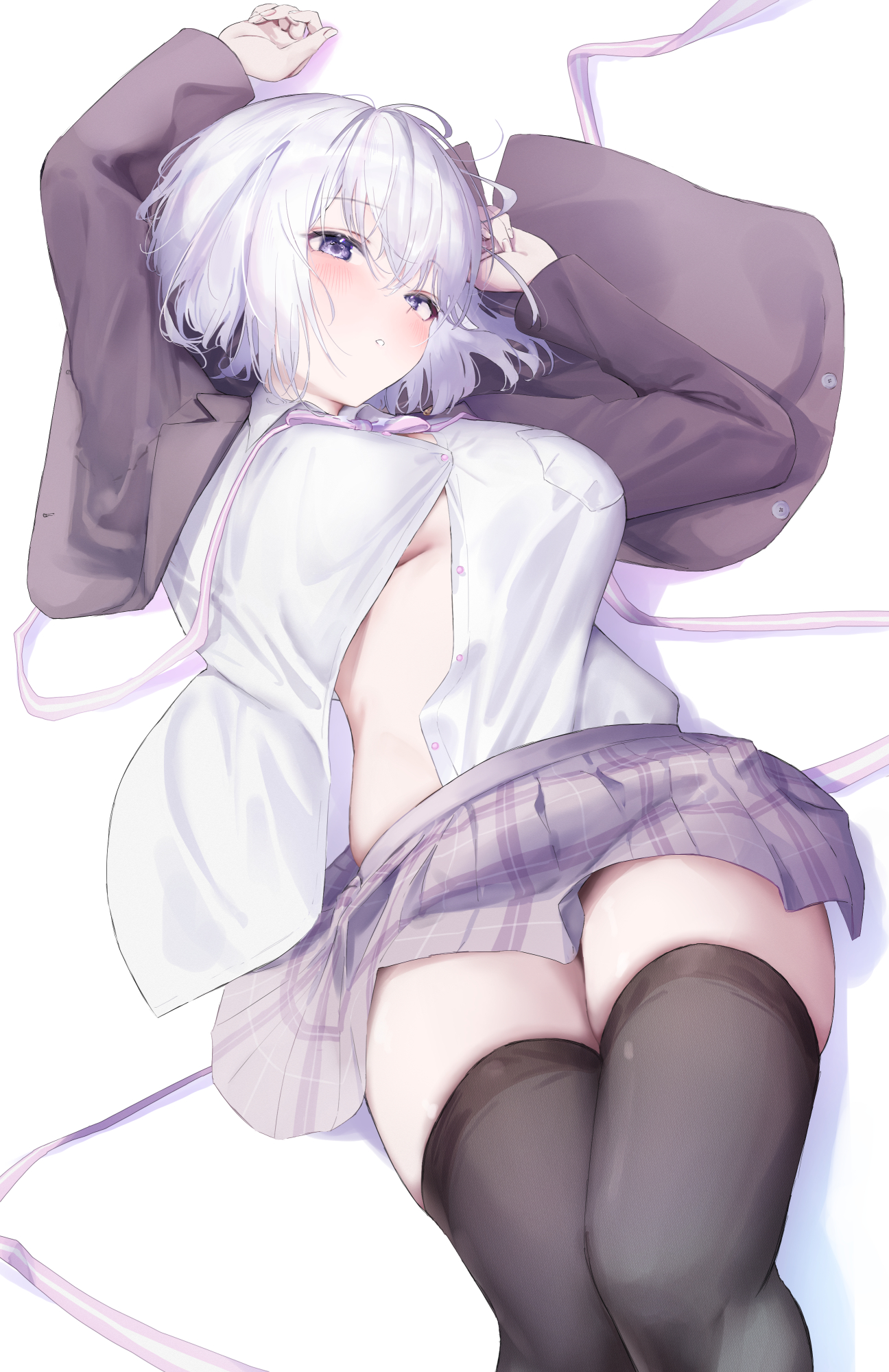 Anime 1296x2000 anime anime girls portrait display skirt indie virtual youtuber Naito Mare thigh-highs gyoku_seisyoku thighs black thigh-highs blushing parted lips lying on back looking at viewer no bra lying down open clothes short hair Skindentation silver hair blue eyes arms up