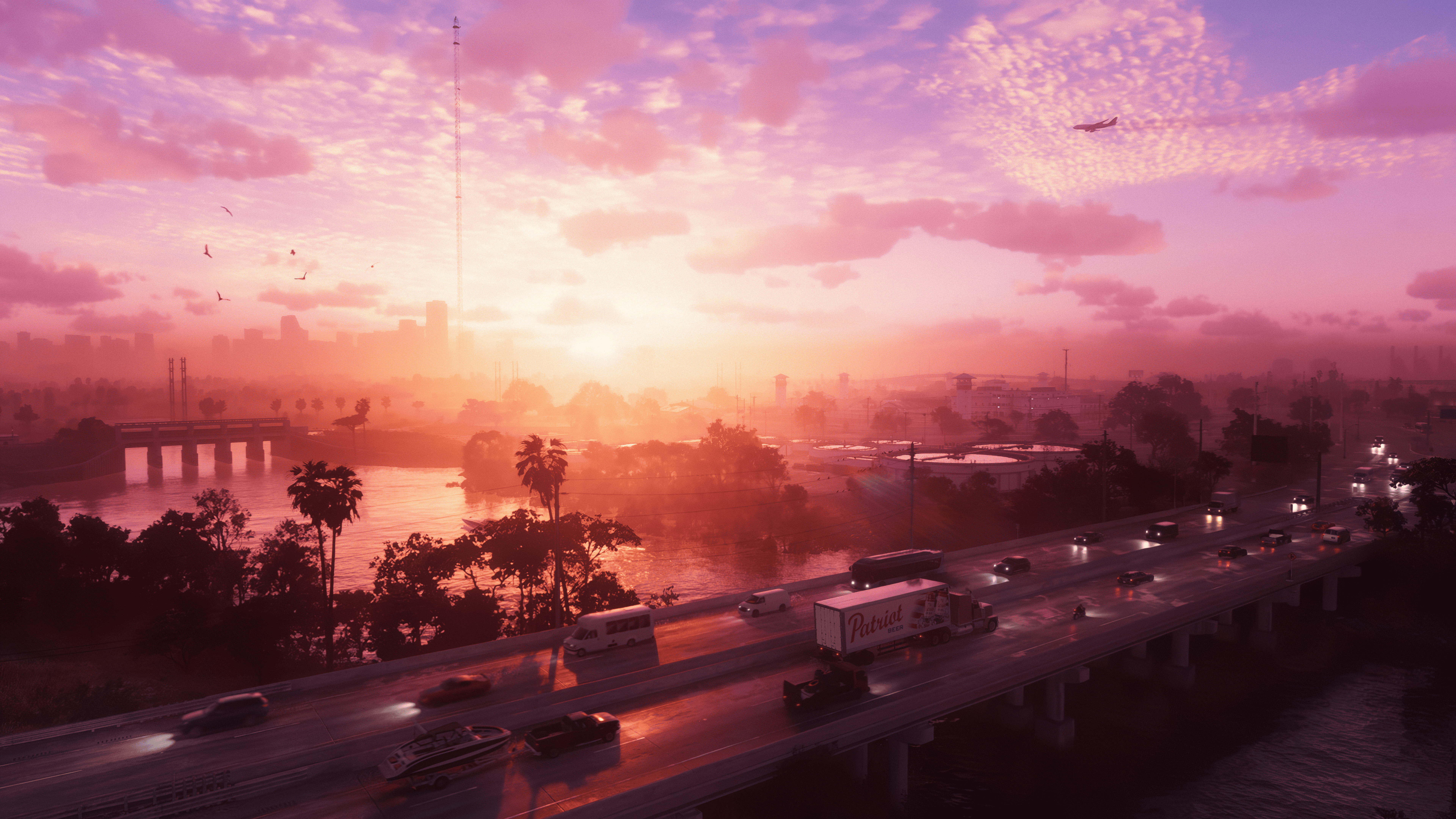 General 7680x4320 Rockstar Games Grand Theft Auto VI Vice City landscape sunset sunset glow highway Grand Theft Auto digital art video game art sky sunlight road headlights taillights car bridge clouds palm trees water driving airplane video games