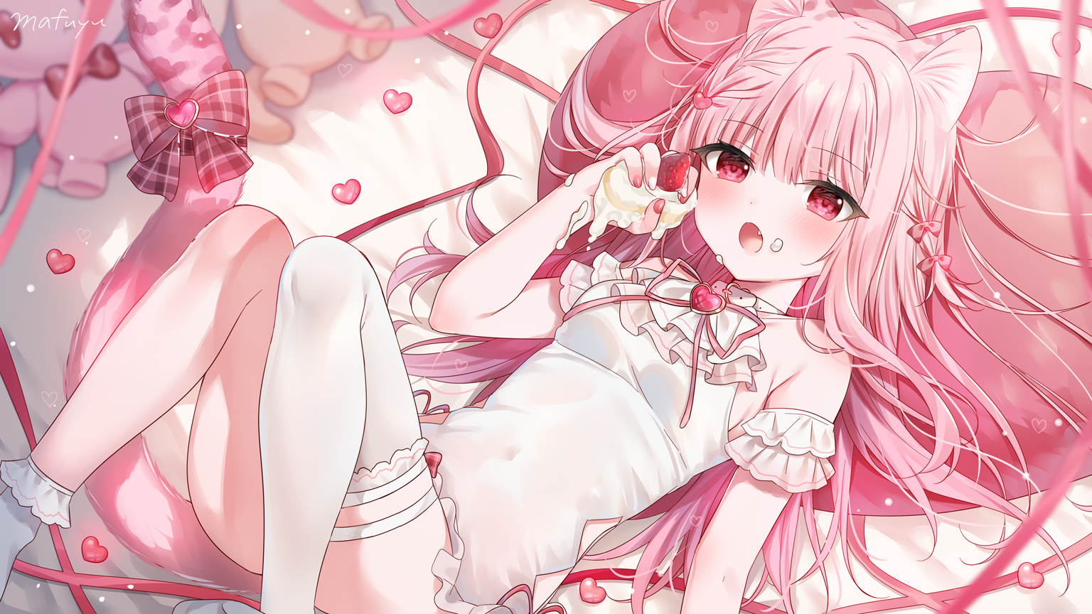 Anime 1536x864 anime anime girls pink looking at viewer Mafuyu open mouth lying down lying on back blushing long hair hair spread out ribbon heart (design) pink hair red eyes strawberries cake food on face hair ribbon bent legs stockings sleeveless signature cat girl cat ears cat tail bed in bed pillow pink ribbon stuffed animal bow tie gemstones mismatched socks socks white stockings white socks fruit sweets legs original characters frills