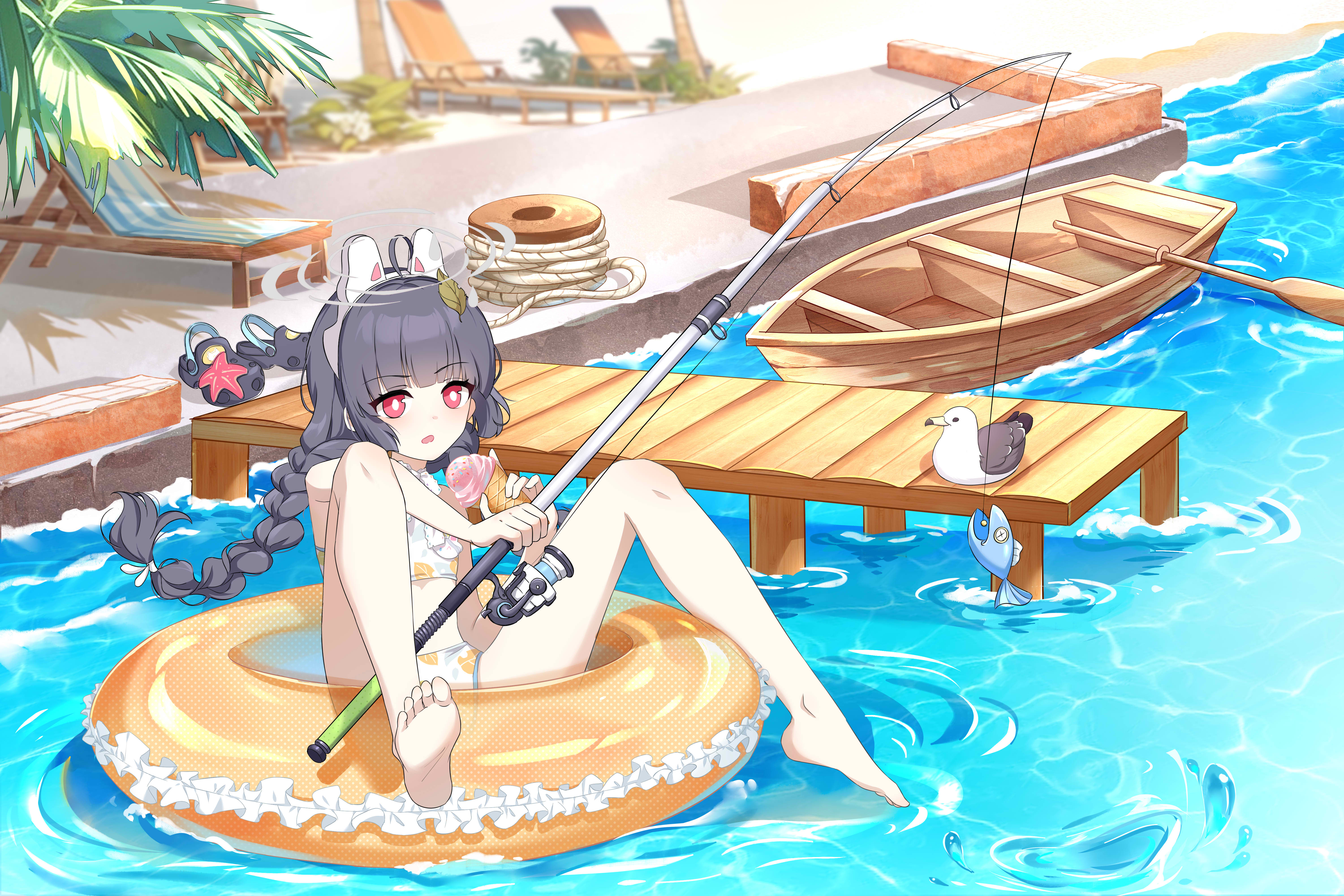 Anime 6000x4000 Blue Archive anime girls anime games long hair dark hair red eyes fishing swimwear Miyu Kasumizawa beach braids ice cream seagulls ting tao soul video game characters feet fishing rod bent legs foot sole pointed toes water jetty boat ropes spread legs open mouth bangs fist birds animals