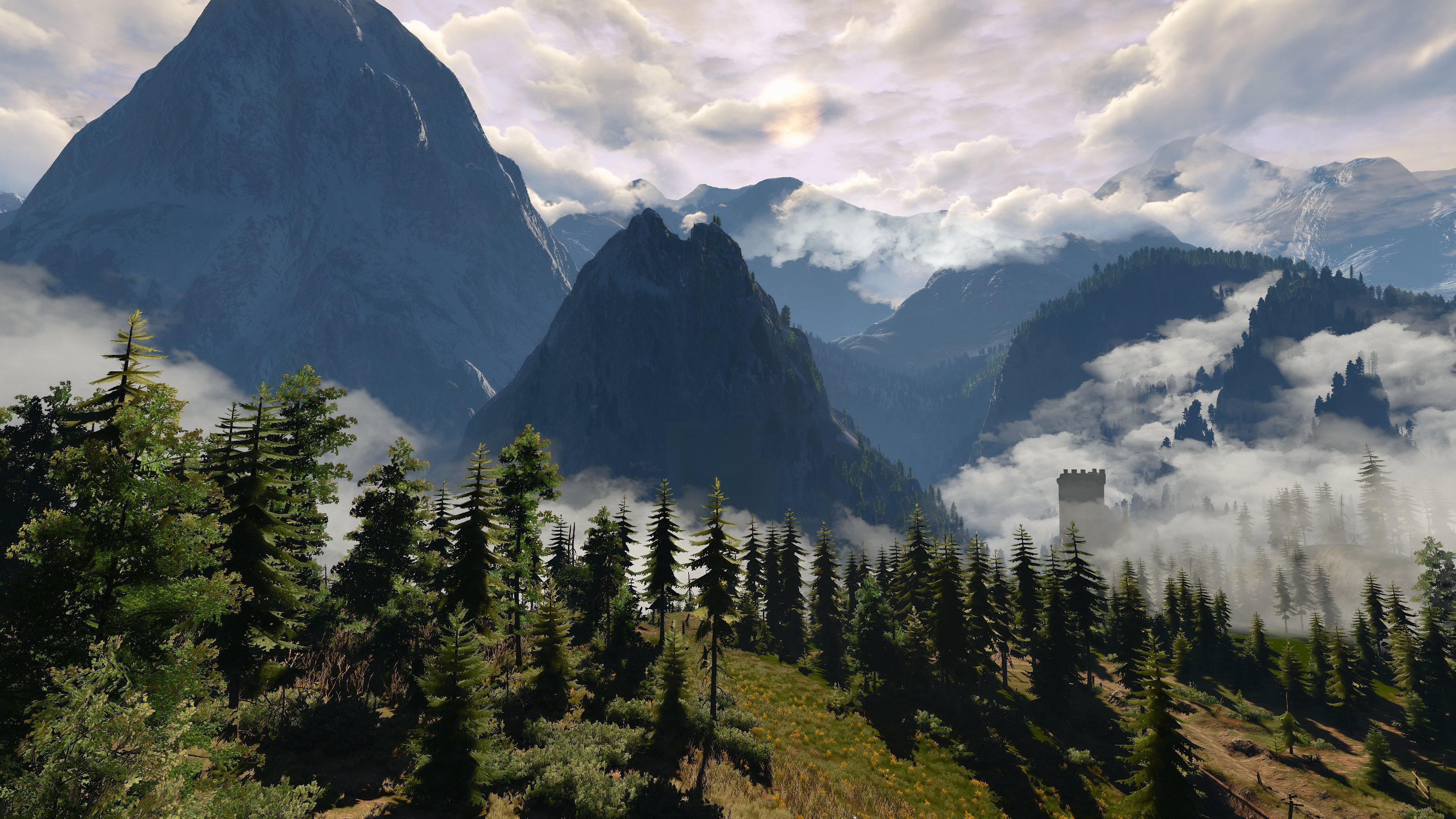 General 3840x2160 The Witcher 3: Wild Hunt PC gaming screen shot Kaer Morhen mountains clouds trees sky video game art landscape video games sunlight CGI nature forest
