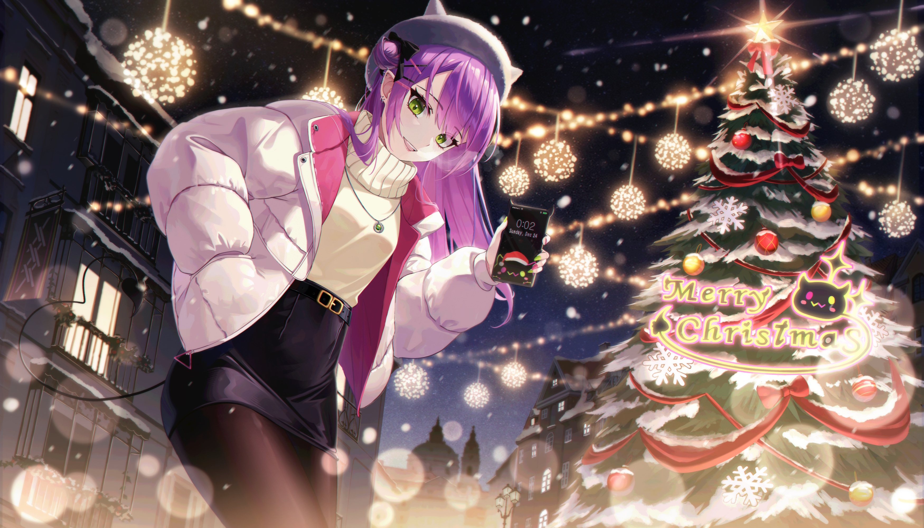 Anime 3500x2000 anime anime girls Tokoyami Towa Hololive Virtual Youtuber lights Christmas tree standing Christmas ornaments  hat looking at viewer coats green eyes hairbun ear piercing phone hands in pockets Christmas open mouth pointy ears outdoors women outdoors StarRing (Artist) time building holding phone necklace turtlenecks succubus hair ribbon long hair bokeh night