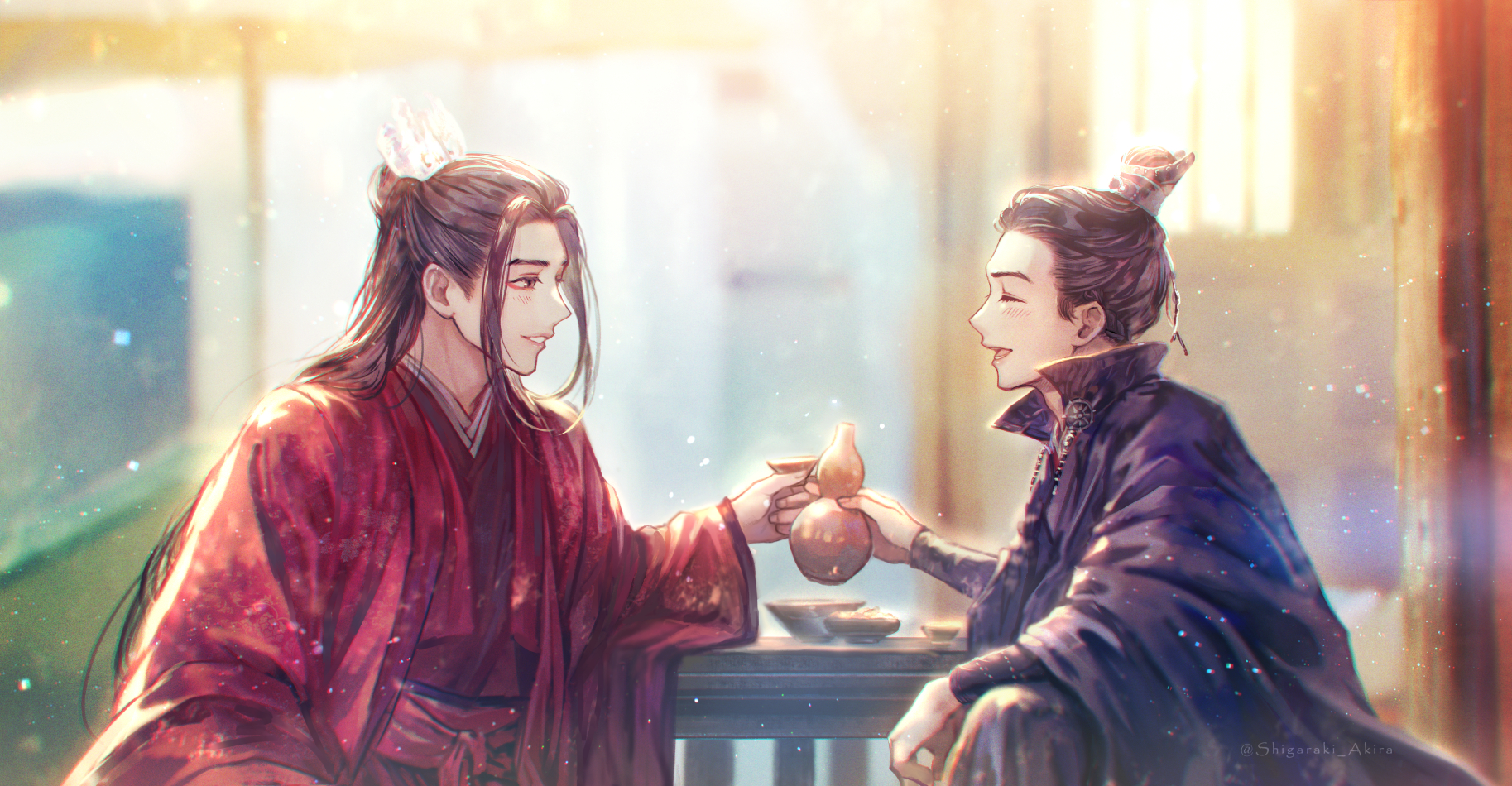 Anime 1827x950 Yaoi anime boys anime Games posters Chinese drink red x blue novel open mouth closed eyes long hair Shigaraki watermarked kimono Chinese clothing short hair