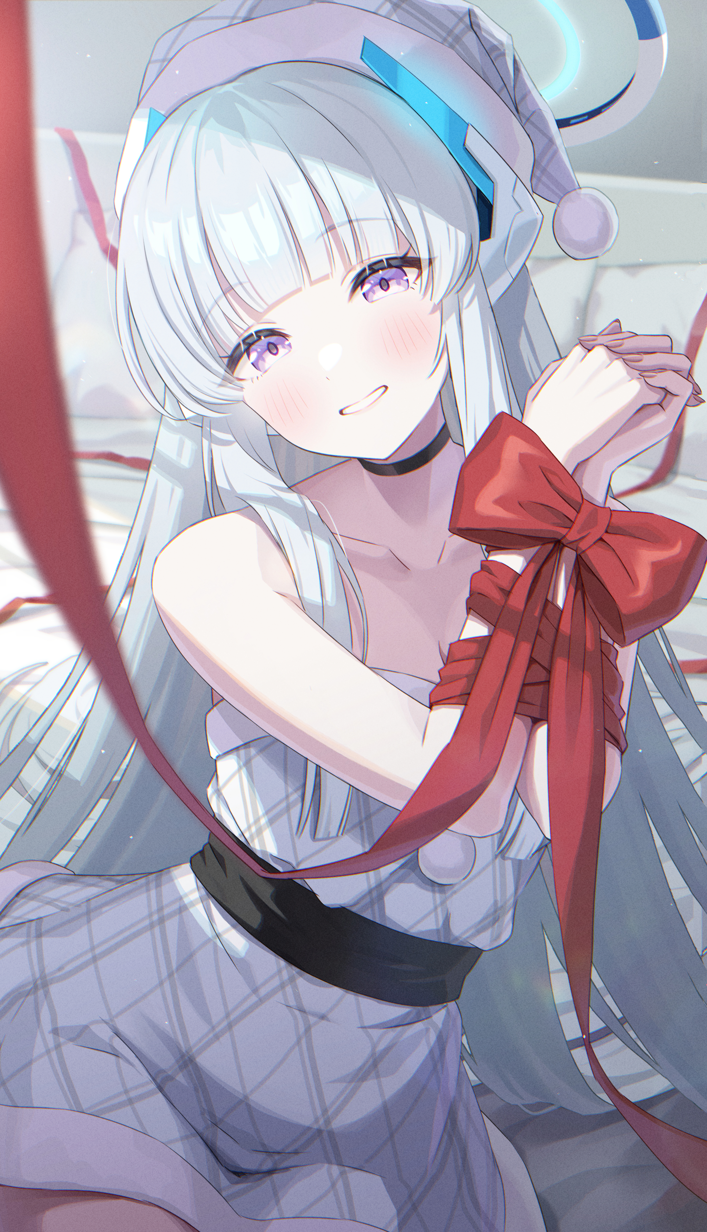 Anime 2385x4155 anime anime girls momoimon Blue Archive Ushio Noa Santa hats purple eyes ribbon looking at viewer blushing portrait display long hair collarbone bare shoulders Christmas parted lips blue hair arms tied BDSM sunlight bed pillow sitting in bed choker hair spread out