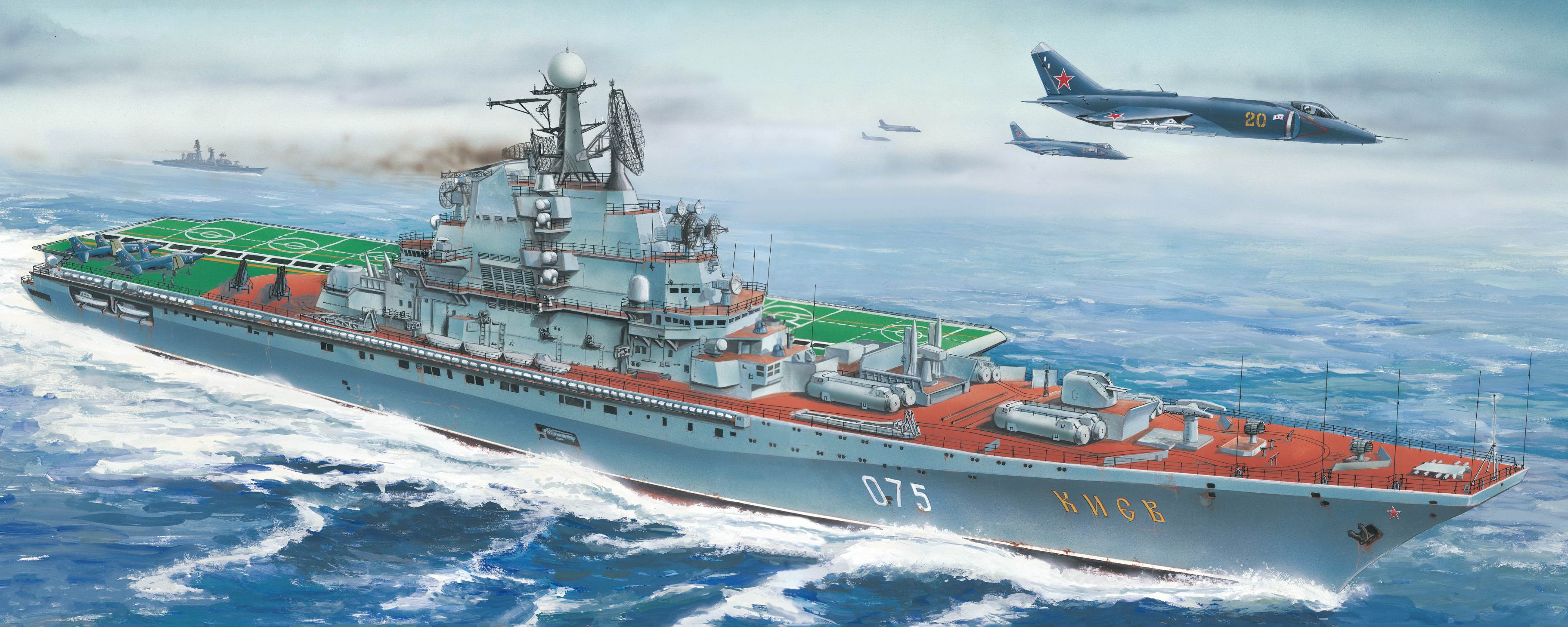 General 3642x1458 warship aircraft military sea sky army army gear aircraft carrier water Russian Navy waves clouds vehicle smoke artwork