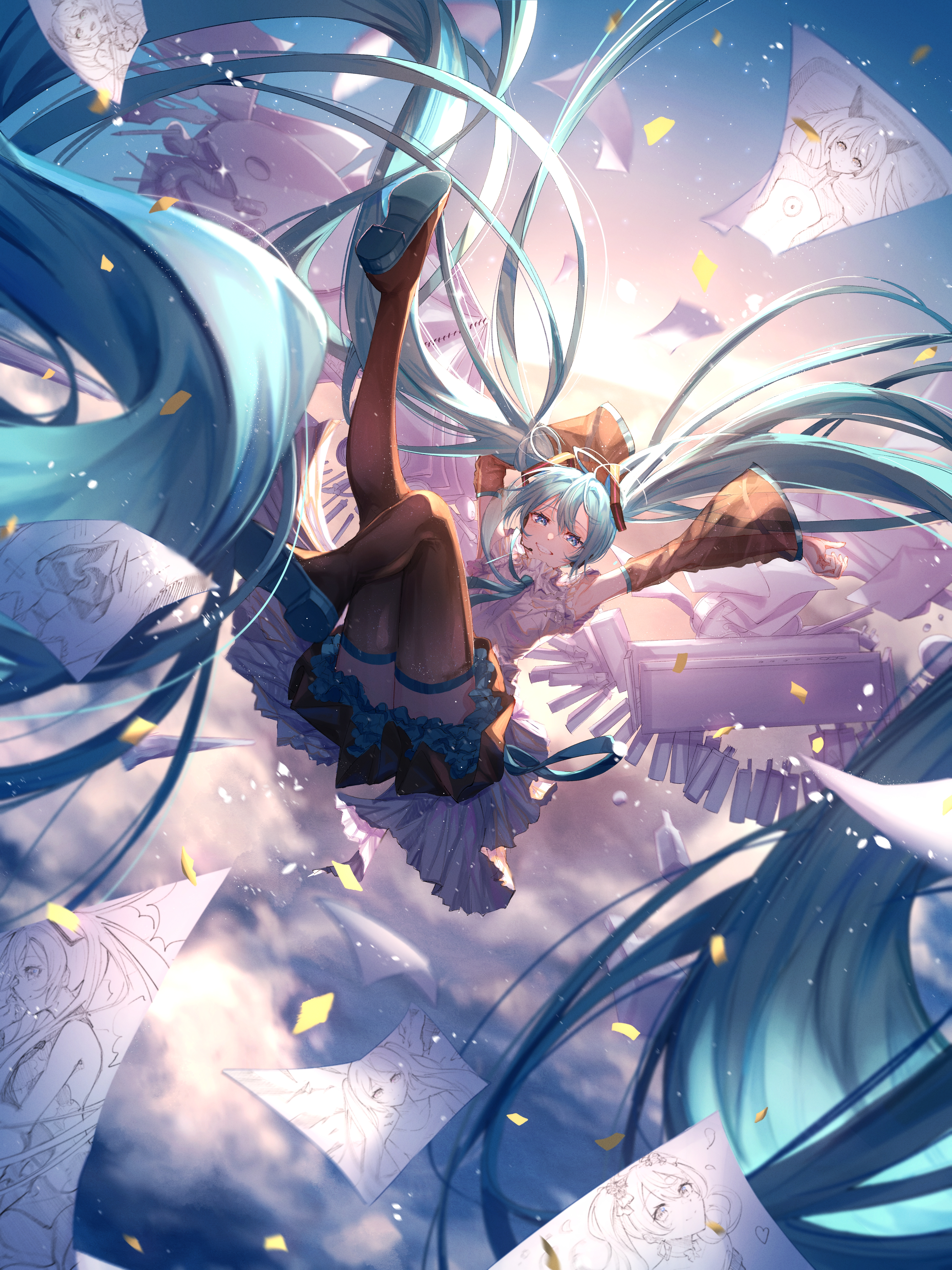 Anime 4200x5600 anime anime girls Vocaloid Hatsune Miku long hair portrait display blue hair blue eyes looking at viewer smiling stockings paper drawing clouds sky sunset sunset glow twintails armpits
