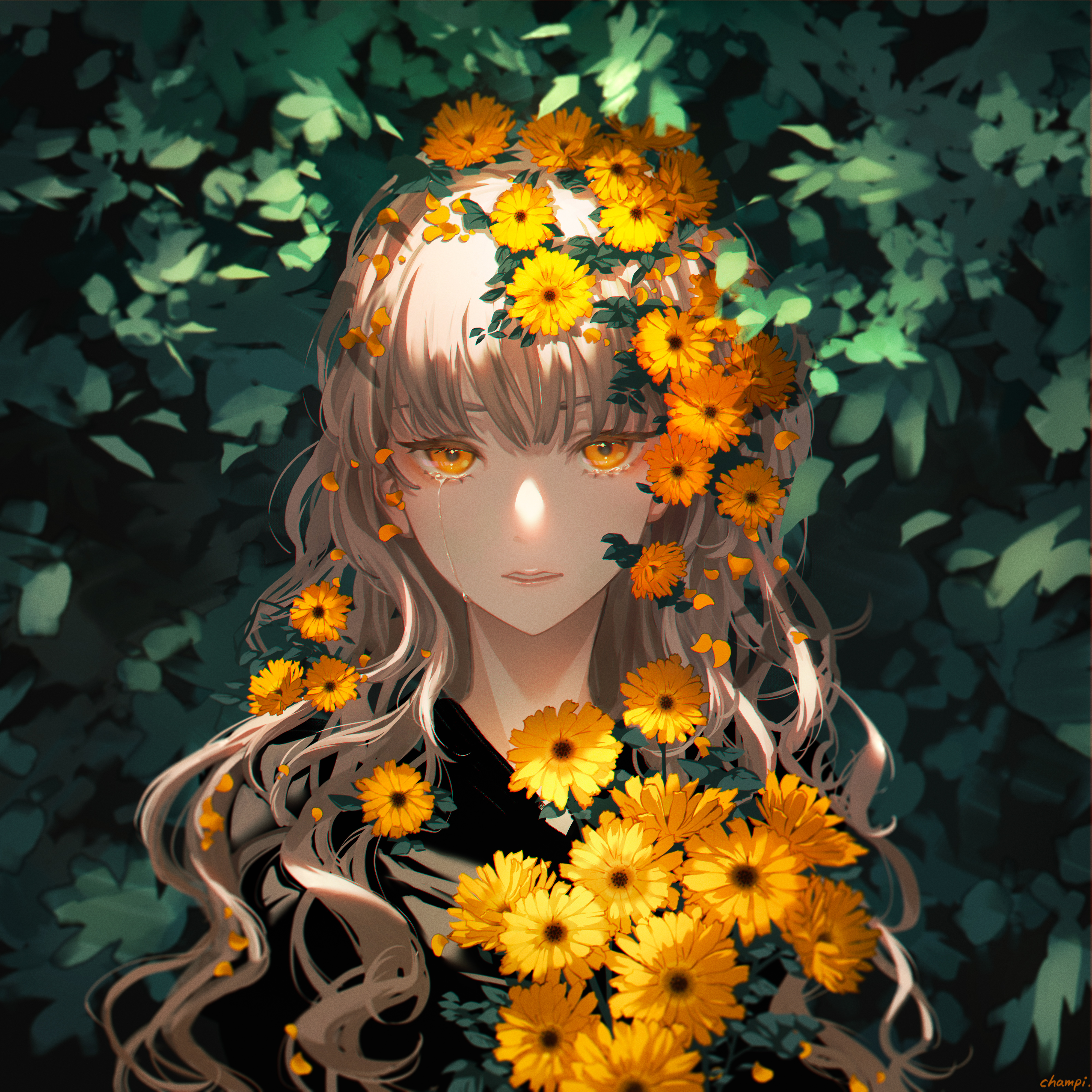 Anime 4000x4000 digital art artwork illustration women anime anime girls plants flowers sunflowers long hair curly hair yellow eyes crying face portrait looking at viewer leaves tears champi