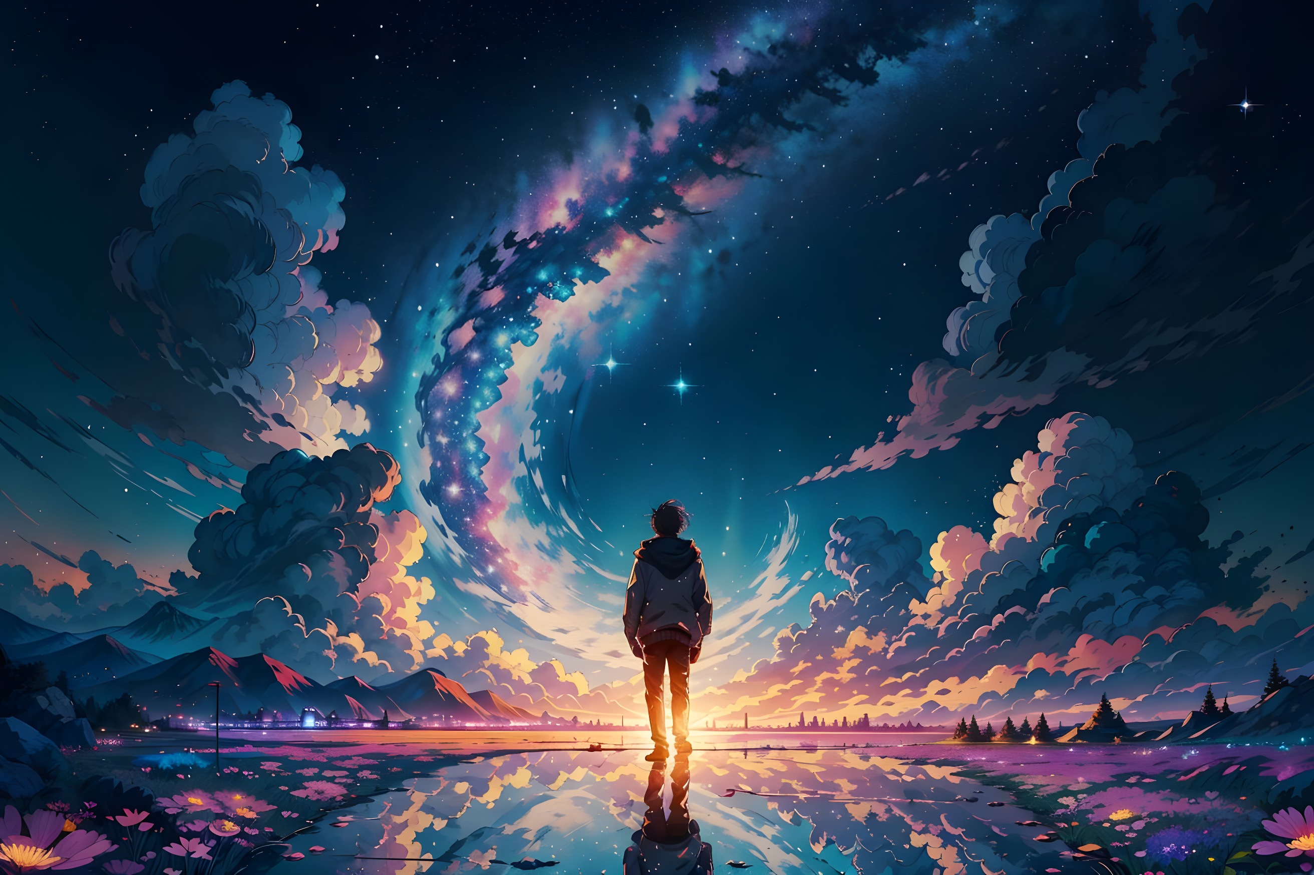 Anime 2624x1748 colorful clouds mountains nature anime boys universe reflection flowers loneliness landscape sky stars sunlight AI art