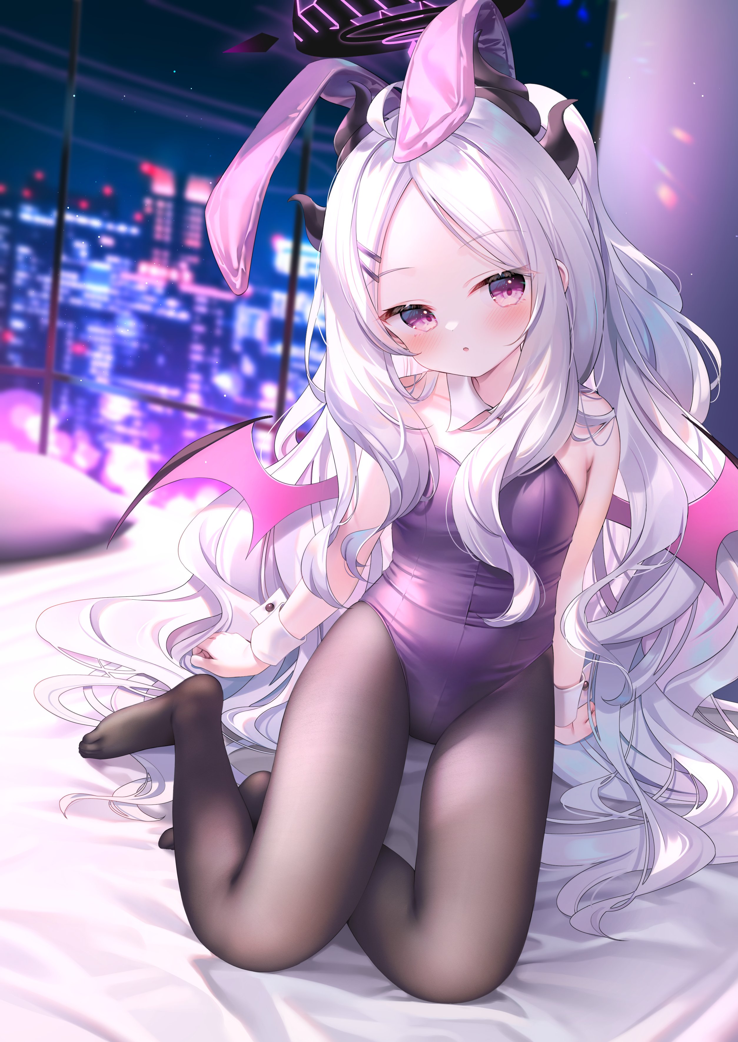Anime 2508x3541 anime anime girls portrait display long hair Sorasaki Hina (Blue Archive) Blue Archive blushing pantyhose bunny suit bunny ears window looking at viewer city city lights pillow bed wings horns demon girls in bed Chen Bin