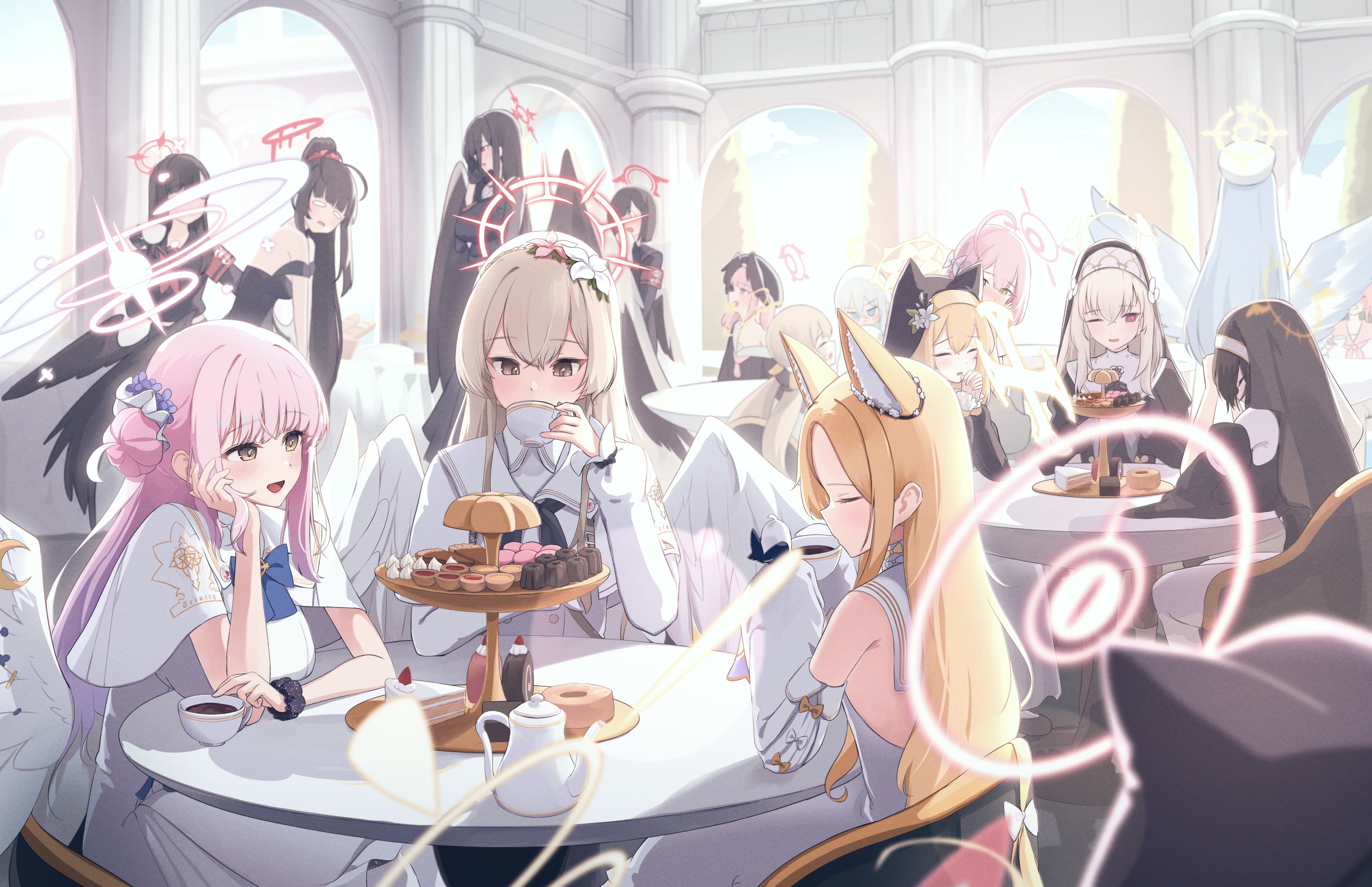 Anime 2338x1512 anime anime girls Blue Archive sitting table cup drink sweets wings nuns nun outfit long hair hairbun hand on face